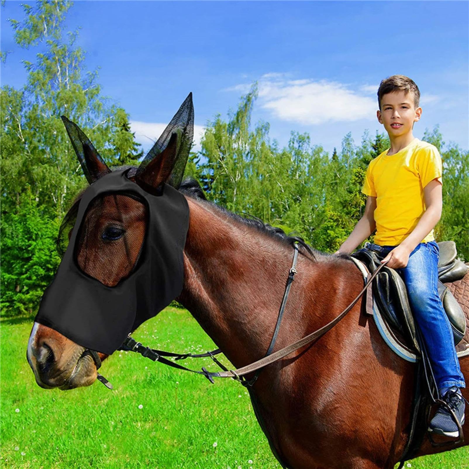 Masque anti-mouches pour chevaux avec oreilles, lycra respirante, protection UV, 3 pièces