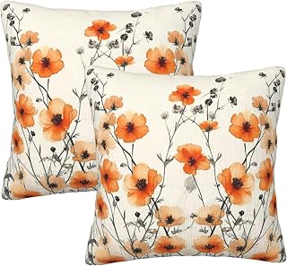 Orange Floral Throw Pillow Covers 18x18 Inch Set of 2 Decorative Burnt Orange Square Cushion Cover Taupe Abstract Art Painting for Sofa Bedroom Living Room Couch Home Decor