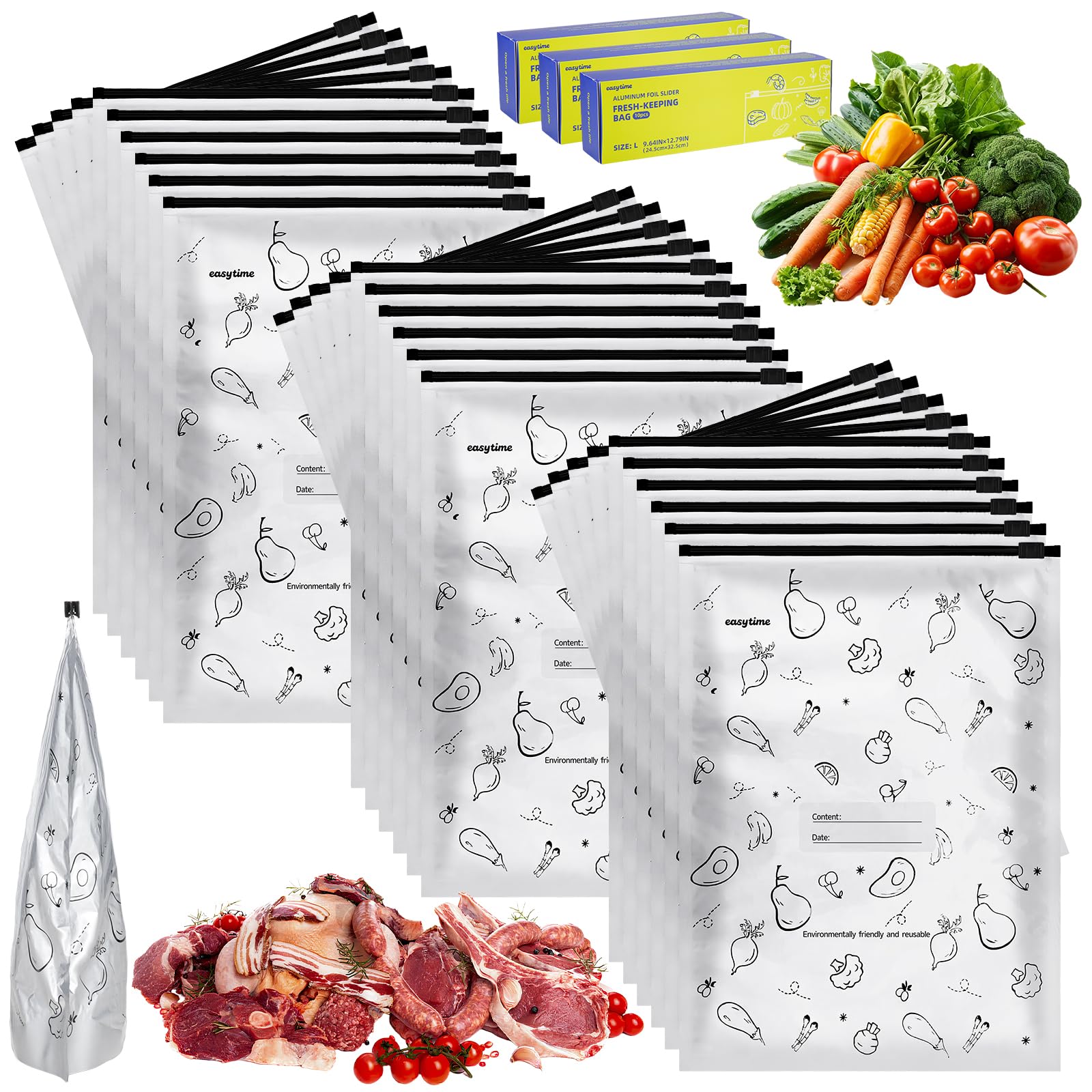 Cherrypick 30 Pcs Reusable Aluminum Foil Freezer Bags, Leak Proof & Heat-Resistant Zipper Sealable Bags for Food Storage, Stand Up Freezer Bags with Label for Sandwich, Snack, Vegetable, Meat (L)