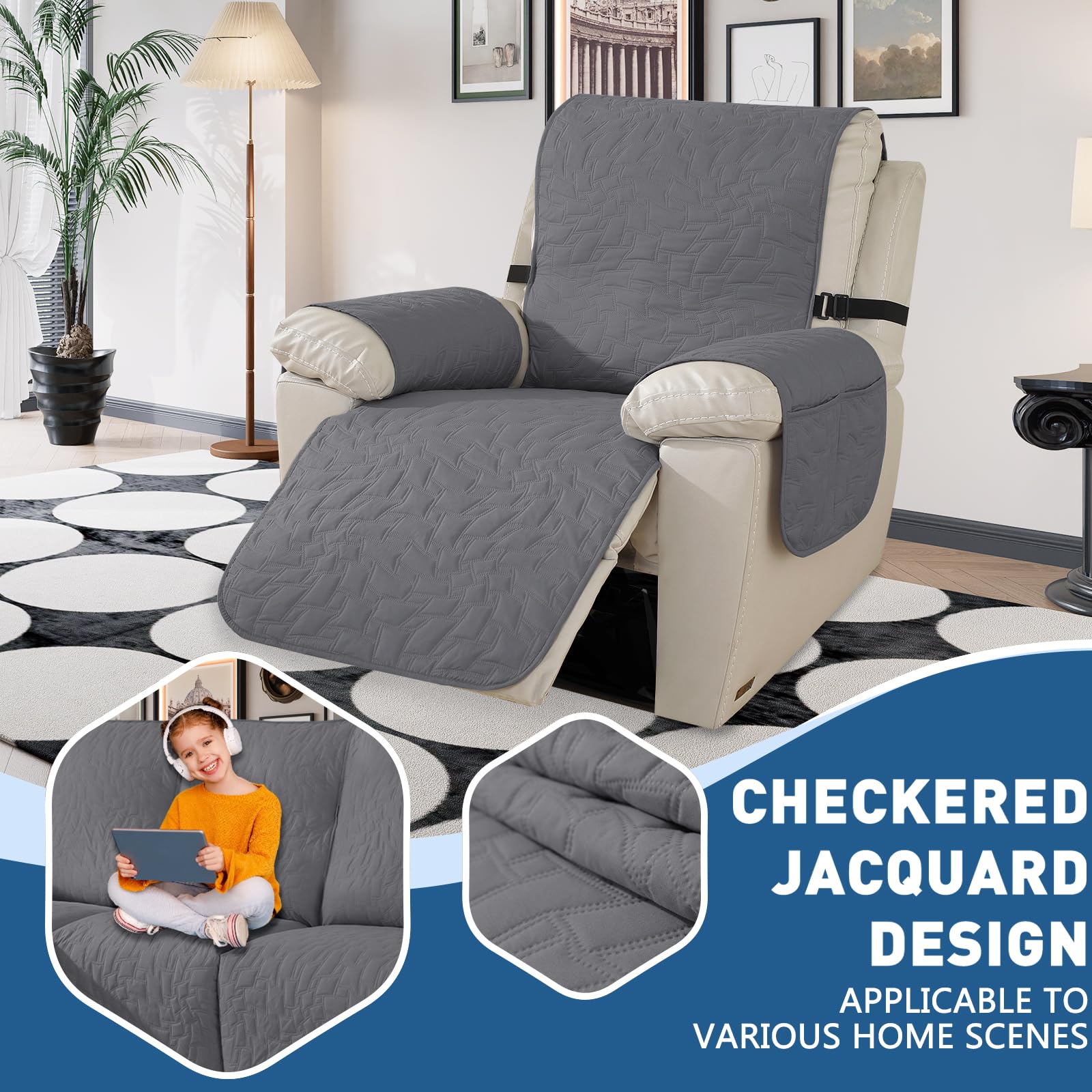 Ystyle Housse Fauteuil Relax 1 Place Réversible Gris Foncé/Gris Clair - Antidérapante, Lavable, Protection Anti-Griffes Chat