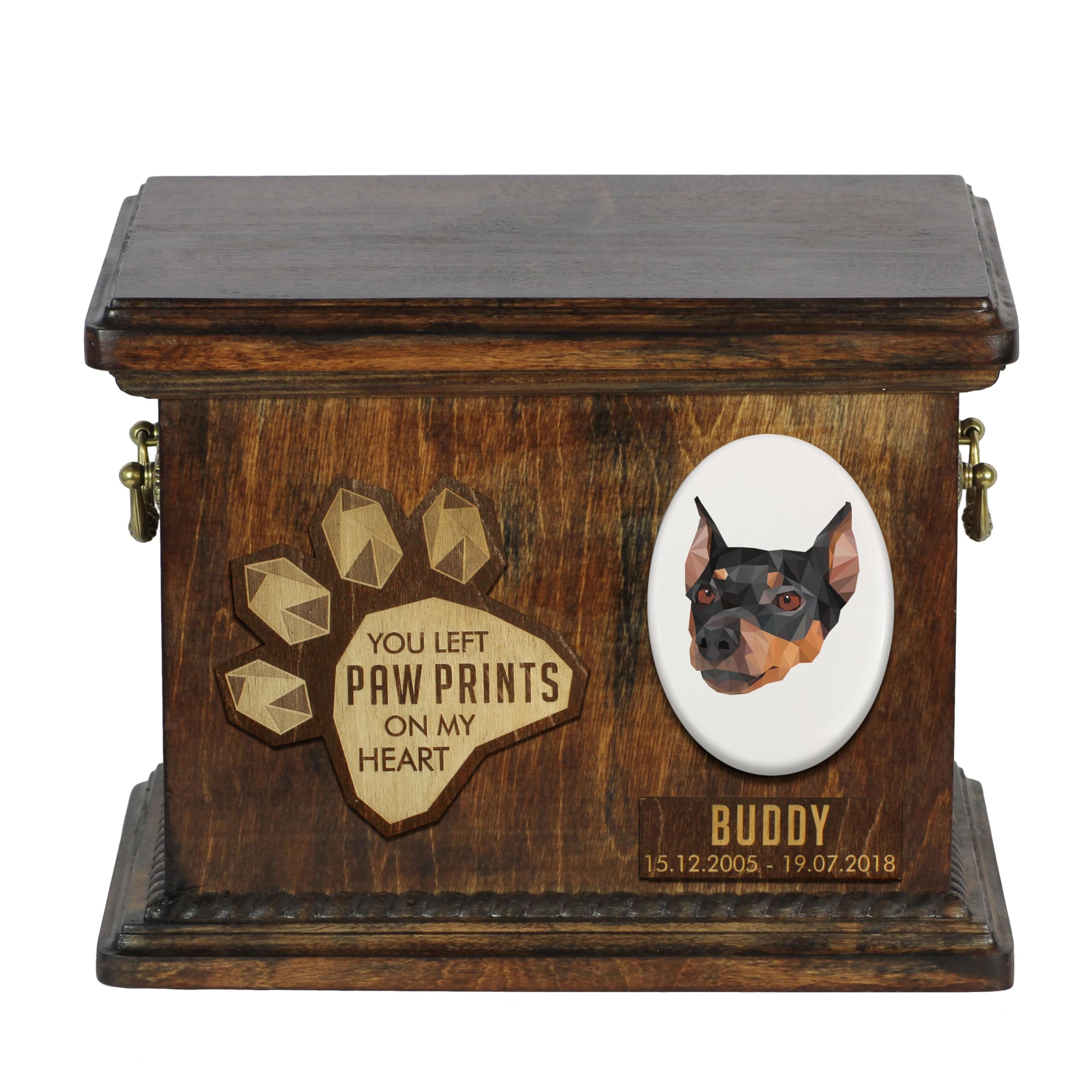 Art-Dog Custom Geometric Dog Memorial Urn - Handmade Wooden Urn – Decorative Ceramic Plate - Custom-made Dog Cremation Box for Ashes - 8,3x11,4x8,7” – German Pinscher — image 1