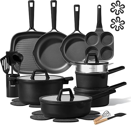 CAROTE 28PCS Pots and Pans Set, Nonstick Cookware Set Kitchen Non Stick Induction Titanium Cookware Non-toxic Granite Cooking set, PFOA Free, Black
