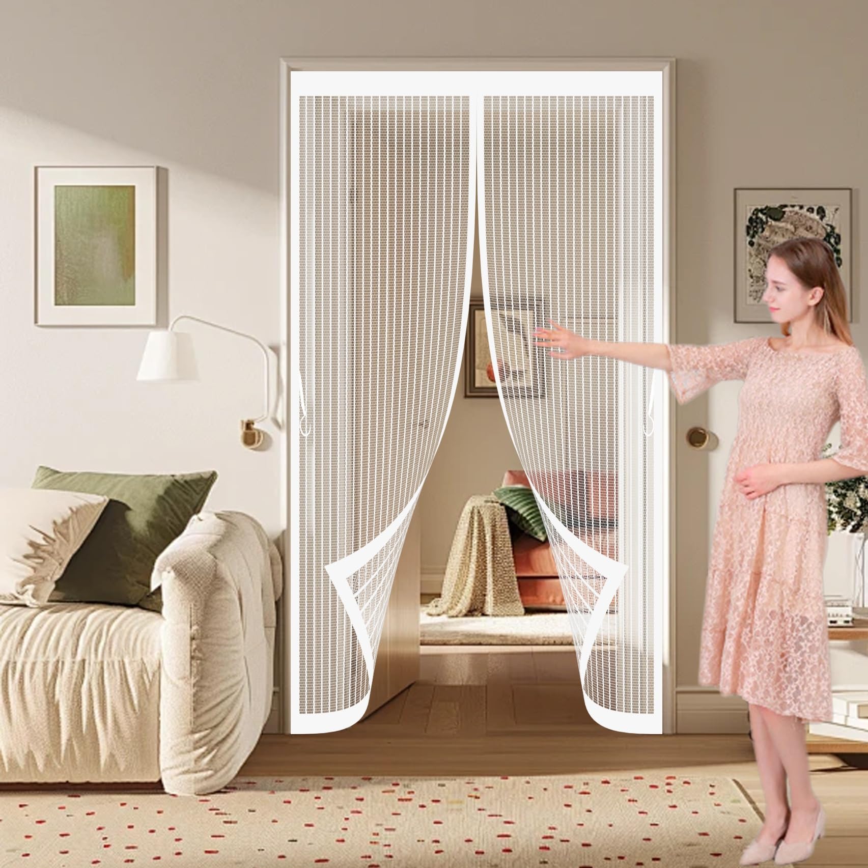 Xueqxue White Fly Nets For Doors 126 X 156 Cm With Powerful Magnets & Full Frame Magic Tape, Keep Bugs Out & Lets Fresh Air In Mosquito Double Door For Patio Doors Balcony,