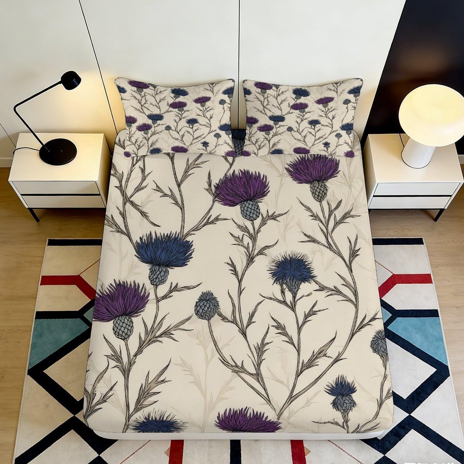 3D Printed Thistle Pattern Fitted Sheet Microfiber Elastic Hem Deep Pocket Thistle Mattress Fitted Cover Washable for Bedroom Adults 90x200x25cm