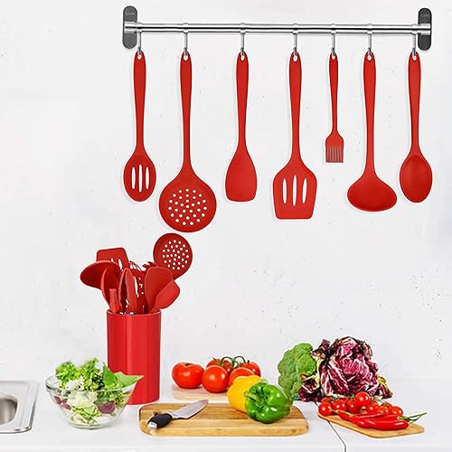 Miniatura 7 de LIANYU Utensilios de cocina de silicona roja de 12 piezas con soporte, juego de herramientas de cocina incluye espátula ranurada, cuchara, cucharón,