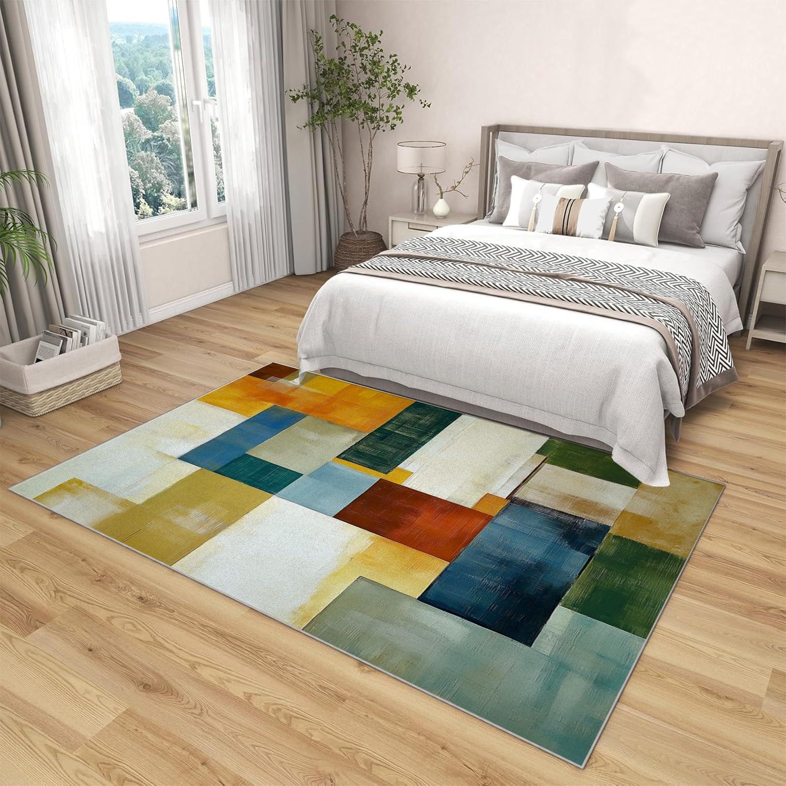 Farbblock Teppich Wohnzimmer 200x200cm Modern Waschbar Großer Geometrischer Teppich Schlafzimmer, Blaue und Grüne Quadrate Weich Kurzflor rutschfest Teppiche für Esszimmer Türrahmen Flur