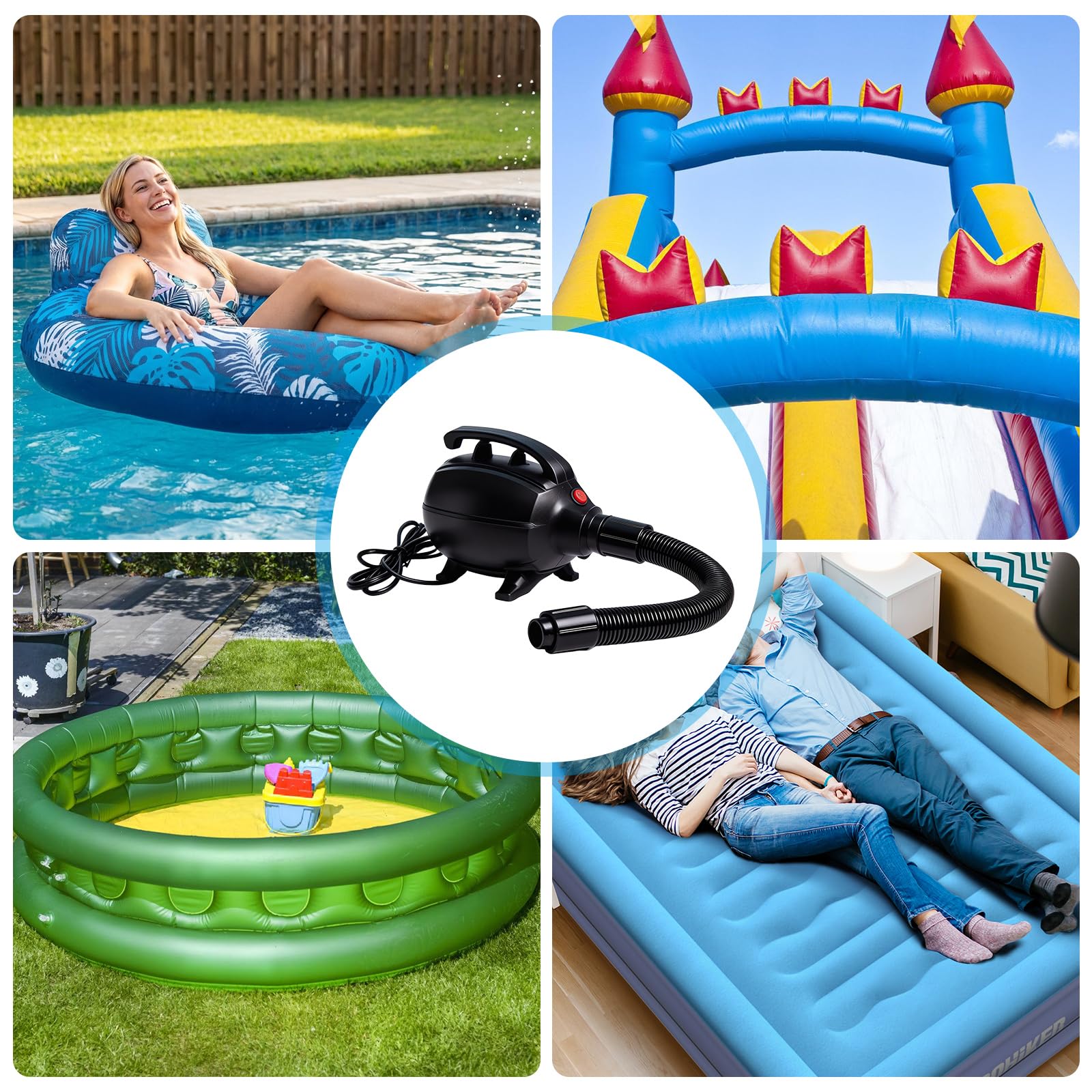 Pompe Électrique 600W, Gonfleur Matelas Gonflable avec 5 Embouts, Pompe Matelas Gonflable, Gonfleur Matelas pour Airtrack, Bateaux Gonflables, Bouées, Piscines et Lits d’Eau