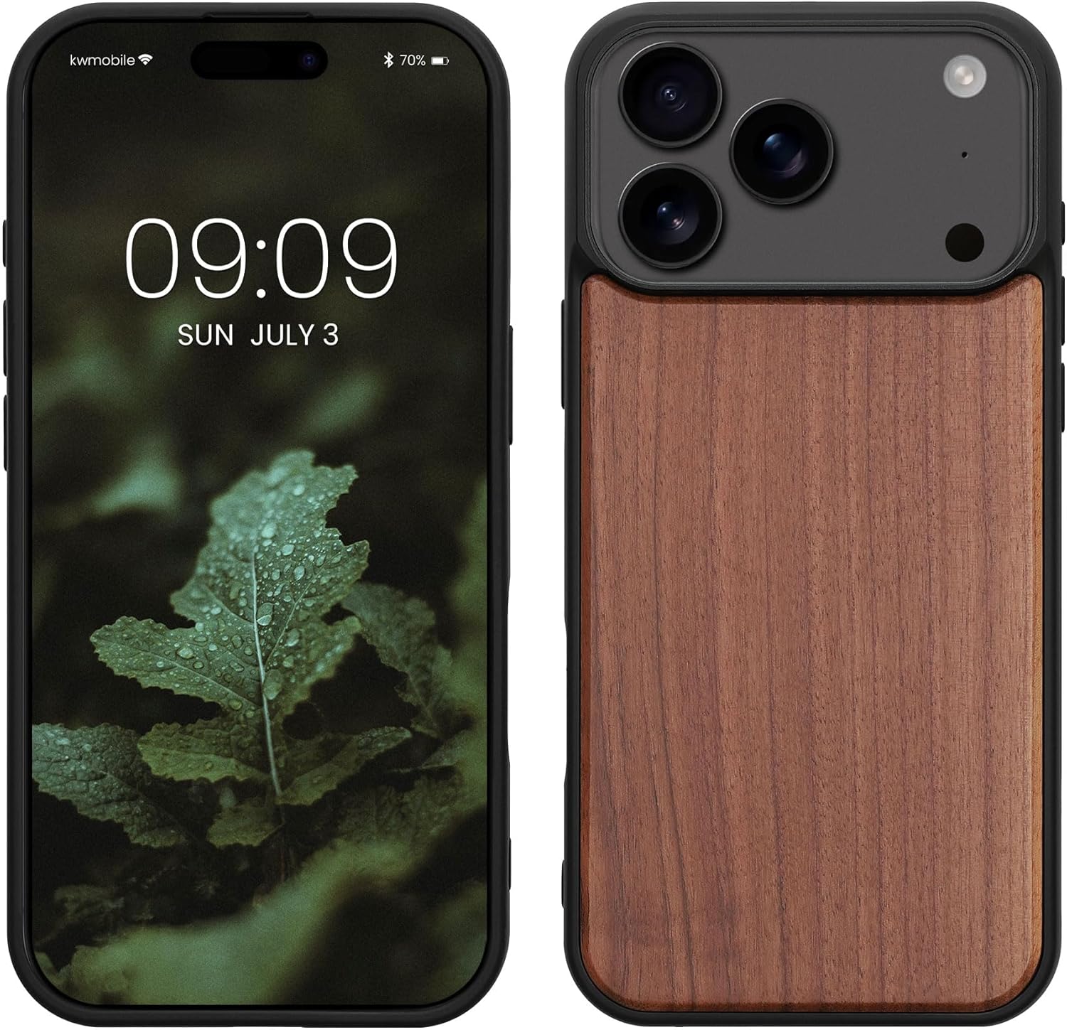 kwmobile Real Wood Case Compatible with Apple iPhone 17 Pro Max Case - Hard Wooden Cover w/TPU Bumper - Dark Brown