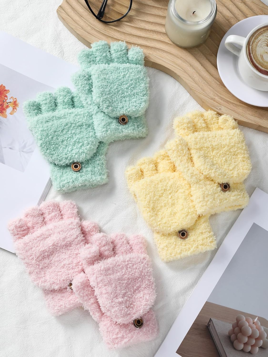 Geyoga 3 Pairs Kids Fingerless Gloves Winter Flip Gloves Warm Convertible Mitten for Girls Teenager Half Fingerless Mittens - Image 7