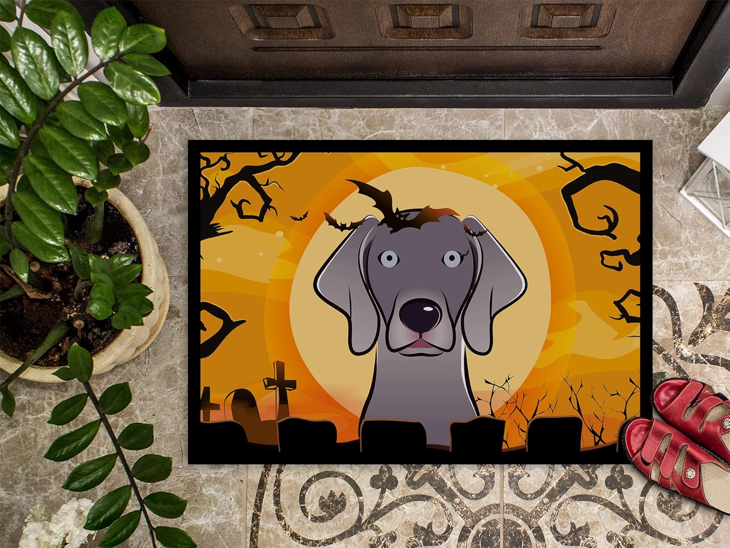 Caroline's Treasures BB1789JMAT Halloween Weimaraner Doormat 24x36 Front Door Mat Indoor Outdoor Rugs for Entryway, Non Slip Washable Low Pile, 24H X 36W