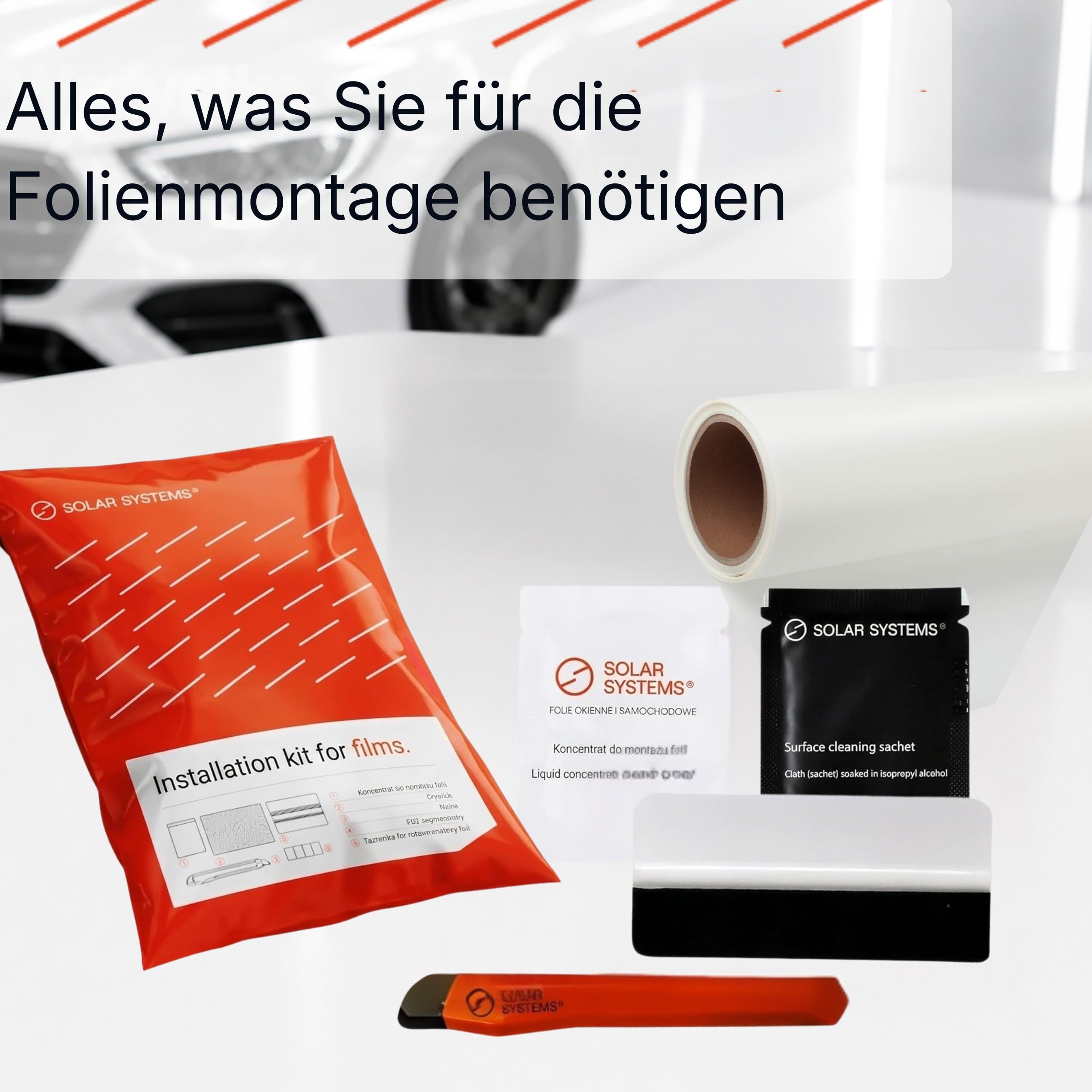 SOLAR SYSTEMS – Kit pellicola per carrozzeria – Pellicola PPF trasparente lucida 152x50 cm con strumenti per applicazione, spatola feltro, cutter, concentrato liquido 3ml, nastro da taglio e panno IPA
