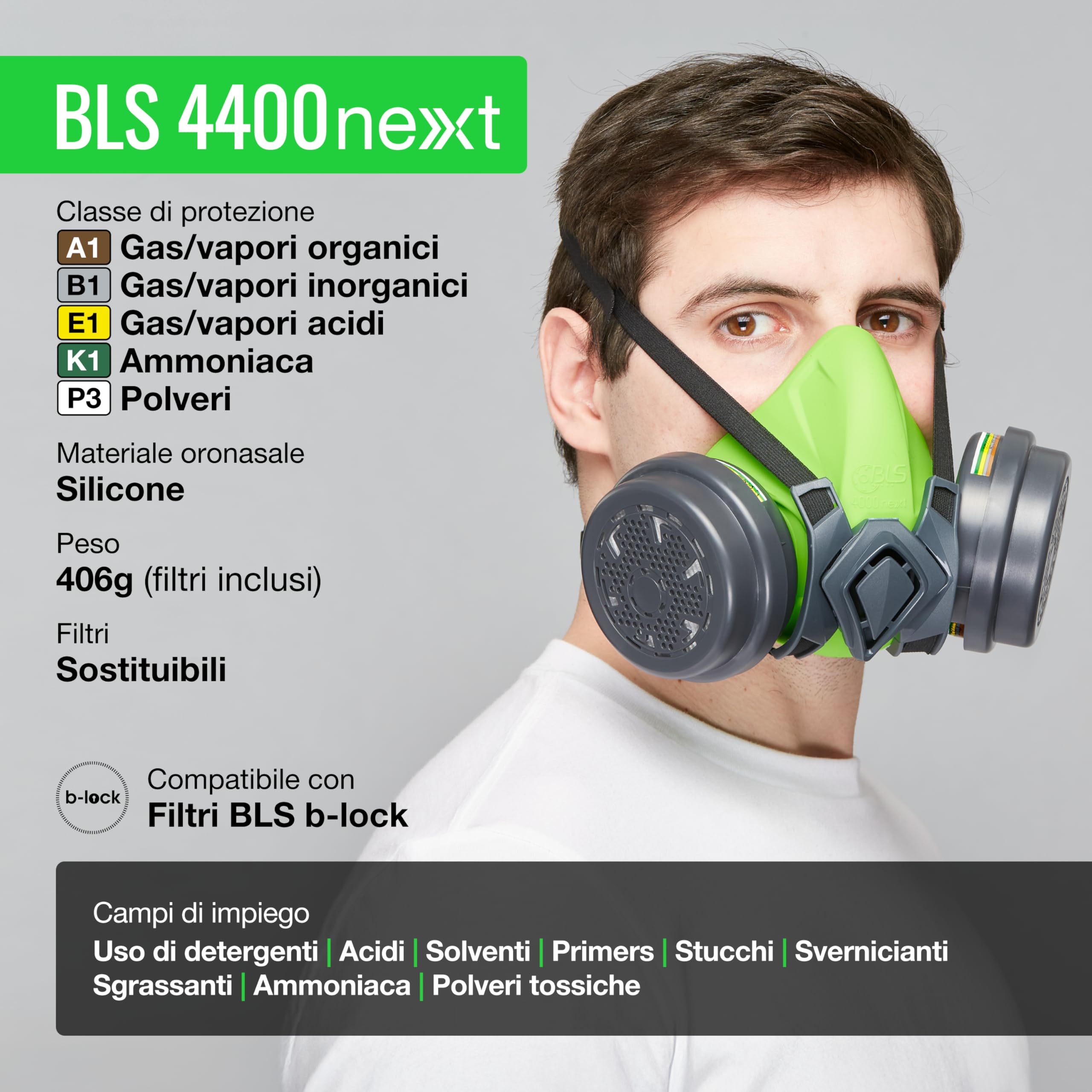 BLS 4400next ABEK1P3 R D Semimaschera Protettiva in Silicone e 2 Filtri Sostituibili 222 ABEK1P3 con Attacco a Baionetta b-lock. Per Gas/Vapori, Polveri Tossiche, Acidi e Ammoniaca