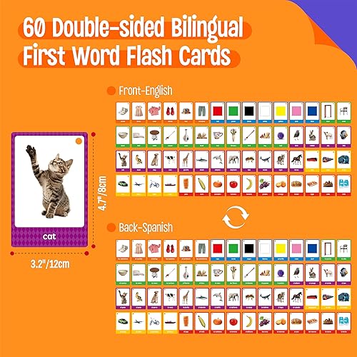 Miniatura 2 de 60 tarjetas flash en inglés y español, tarjetas de sustantivos de doble cara, palabras bilingües de visión  animales, colores, alimentos, vehículos,