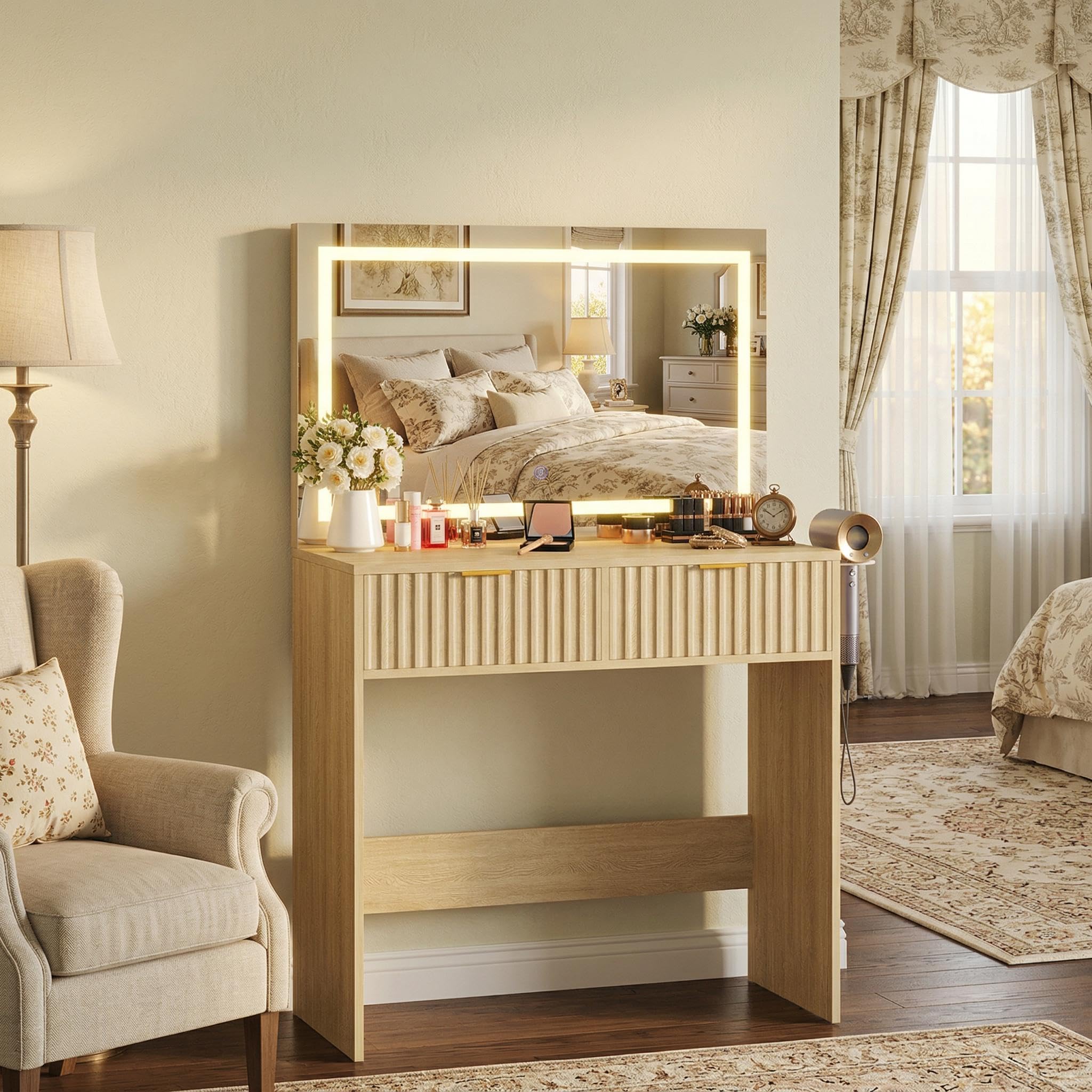 Garvee Fluted Vanity Desk with Large Mirror and Lights, Makeup Vanity with 2 Drawers, 3 Lighting Modes Adjustable Brightness, Make Up Table for