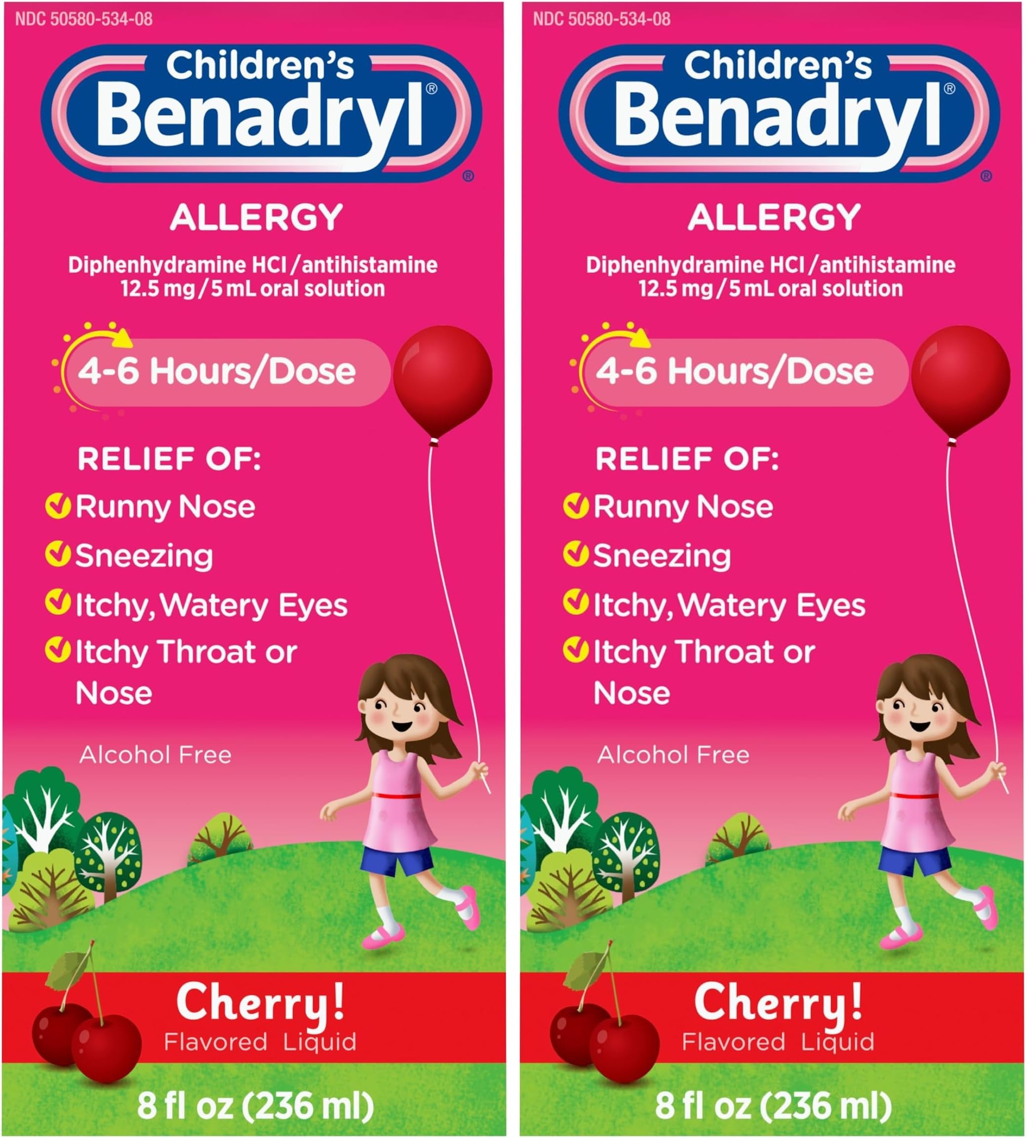 Children's Allergy Relief Liquid Medicine with Diphenhydramine HCl Antihistamine for Kids' Allergy Relief, Effective Allergy Relief, Cherry Flavor, 8 fl. oz (Pack of 2)