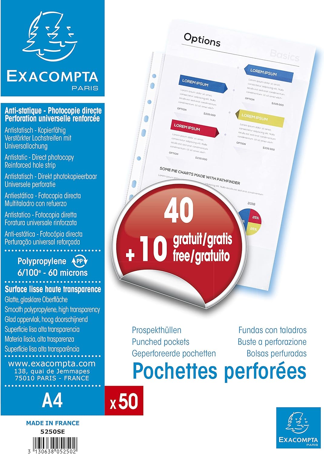 Exacompta PP Punched Pockets, A4 - Clear, Bag of 50
