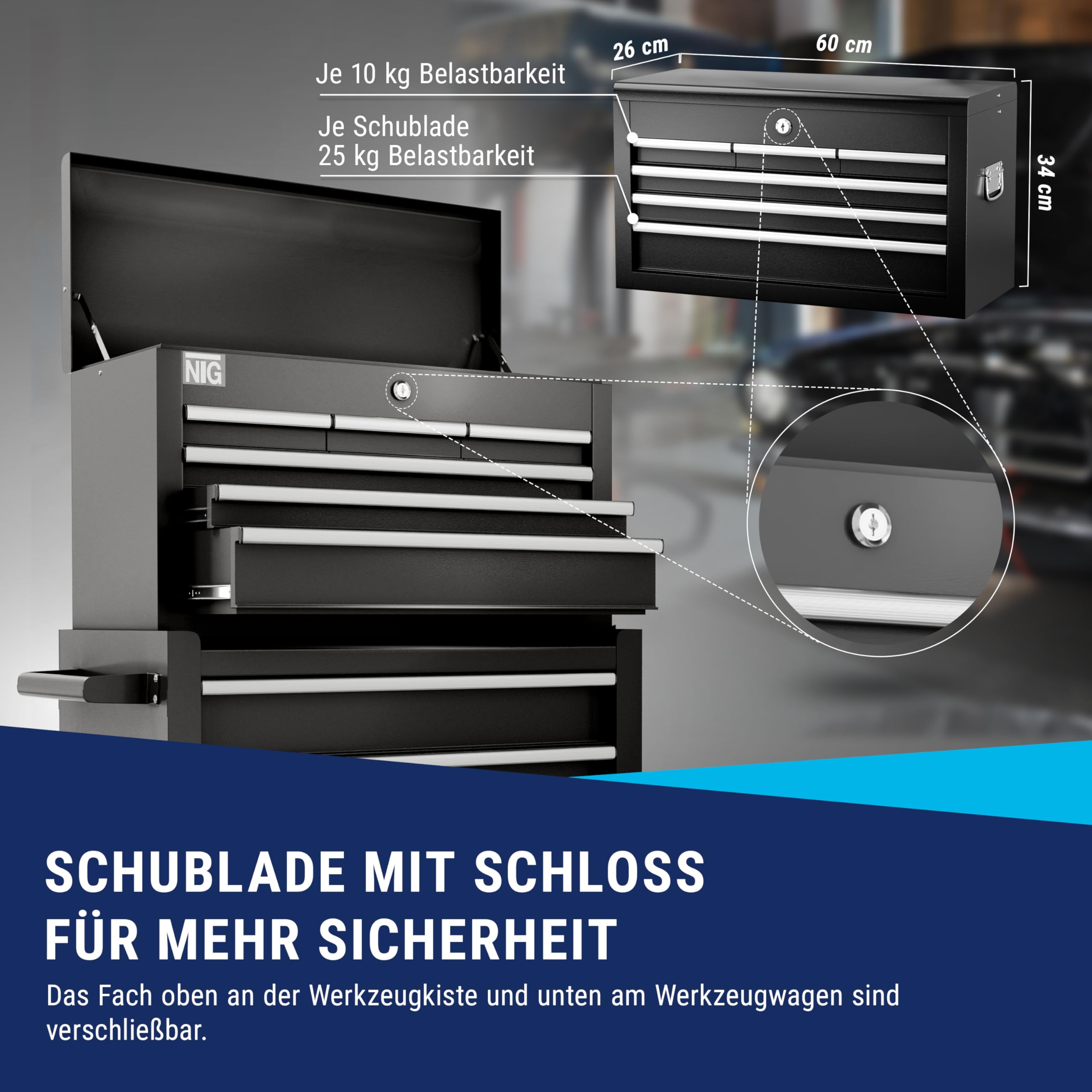 NTG Werkzeugwagen leer mit Werkzeugkiste | 8 Schubladen + großes und kleines Fach | Werkstattwagen leer OHNE Werkzeug Kugelgelagerte Schubladen | Transportsicherung | 1 Rolle mit Feststellbremse
