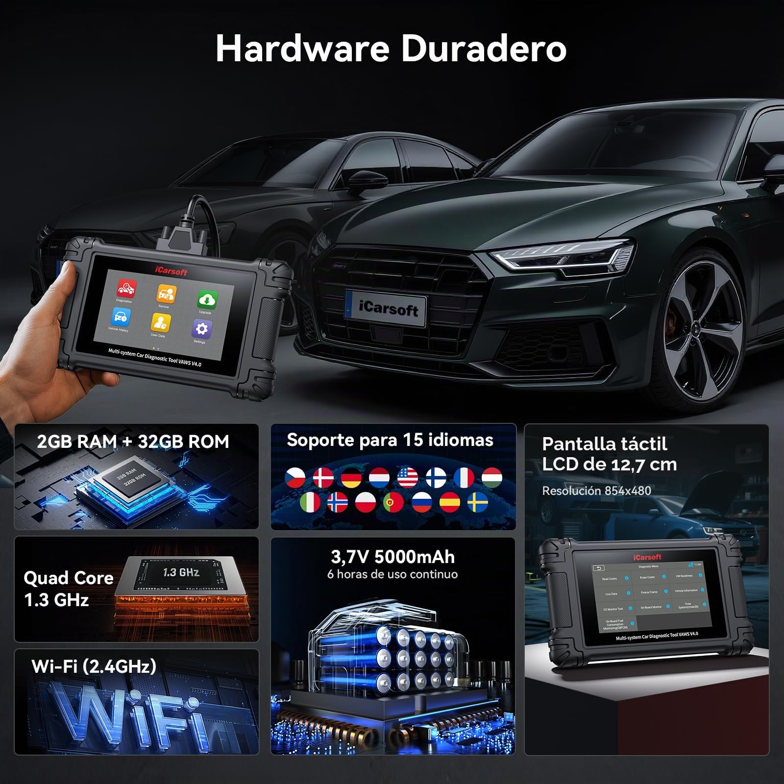 iCarsoft VAWS V4.0 Máquina Diagnosis Coche para VW/Audi/Skoda/Seat + 2 Marcas Opcionales, Escáner OBD2 Bidireccional de Todo el Sistema, 43 Funciones Reinicio para V.A.G, Auto Vin, Actualización WiFi