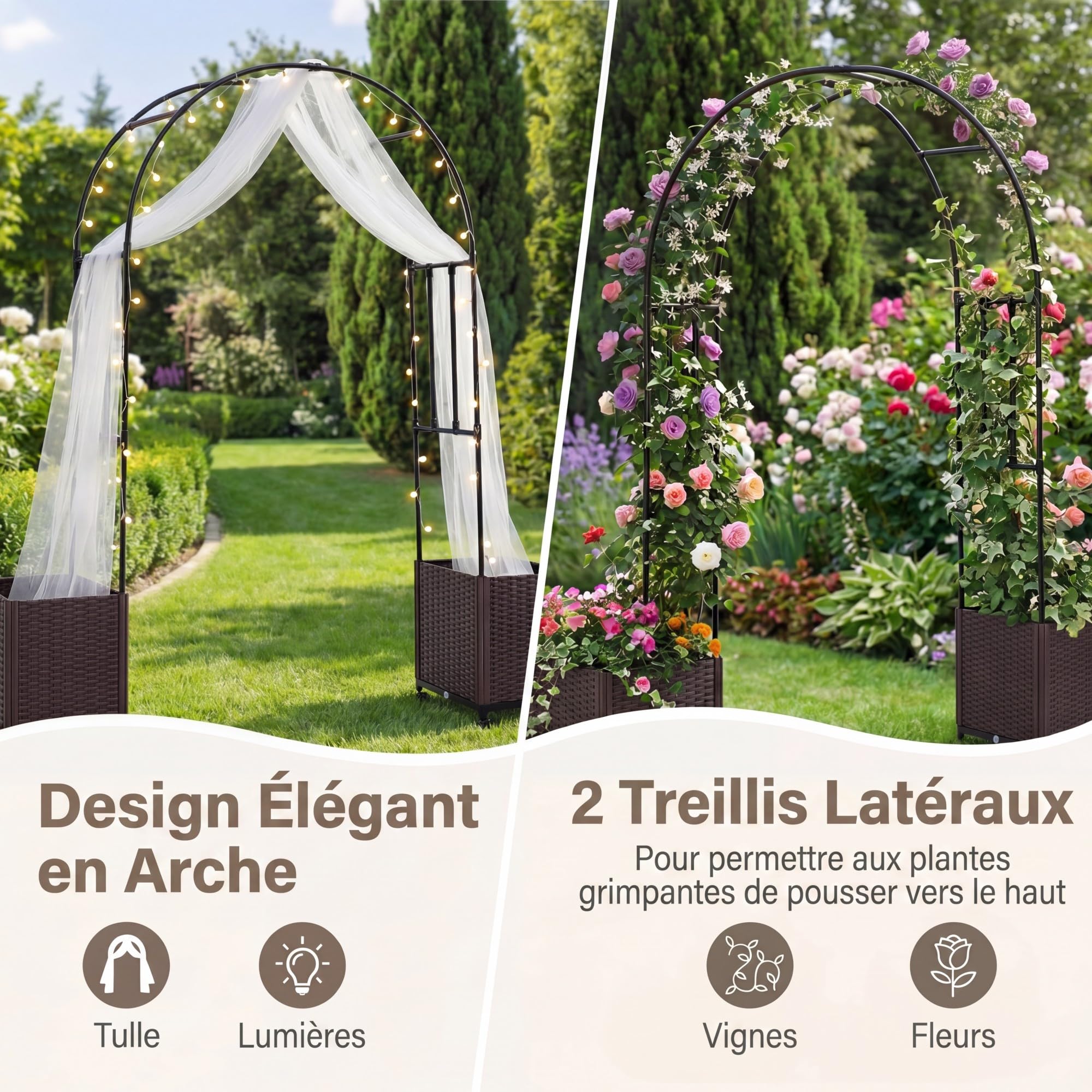 GOPLUS Arche de Jardin avec 2 Jardinères Surélevées, Roues Verrouillables, Arche Rosier avec Treillis Arqué, Auto-Arrosage pour Plantes Grimpantes, Fleurs, Herbes, Légumes, Fruits (203x40x232CM)