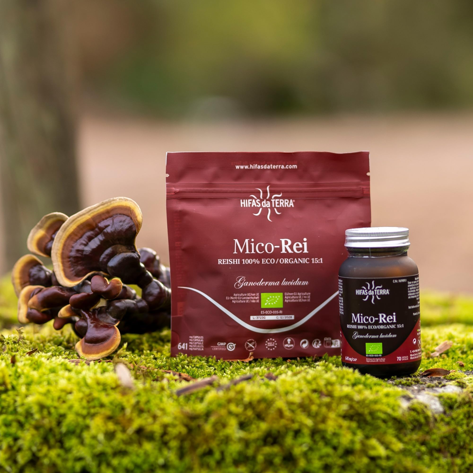 HIFAS DA TERRA - Mico-Rei Extracto Puro de Reishi (Ganoderma lucidum) extracto puro + Vitamina C natural - Extracto de Hongos - Defensas, Circulación y Bienestar Integral - Refill 60 Cápsulas