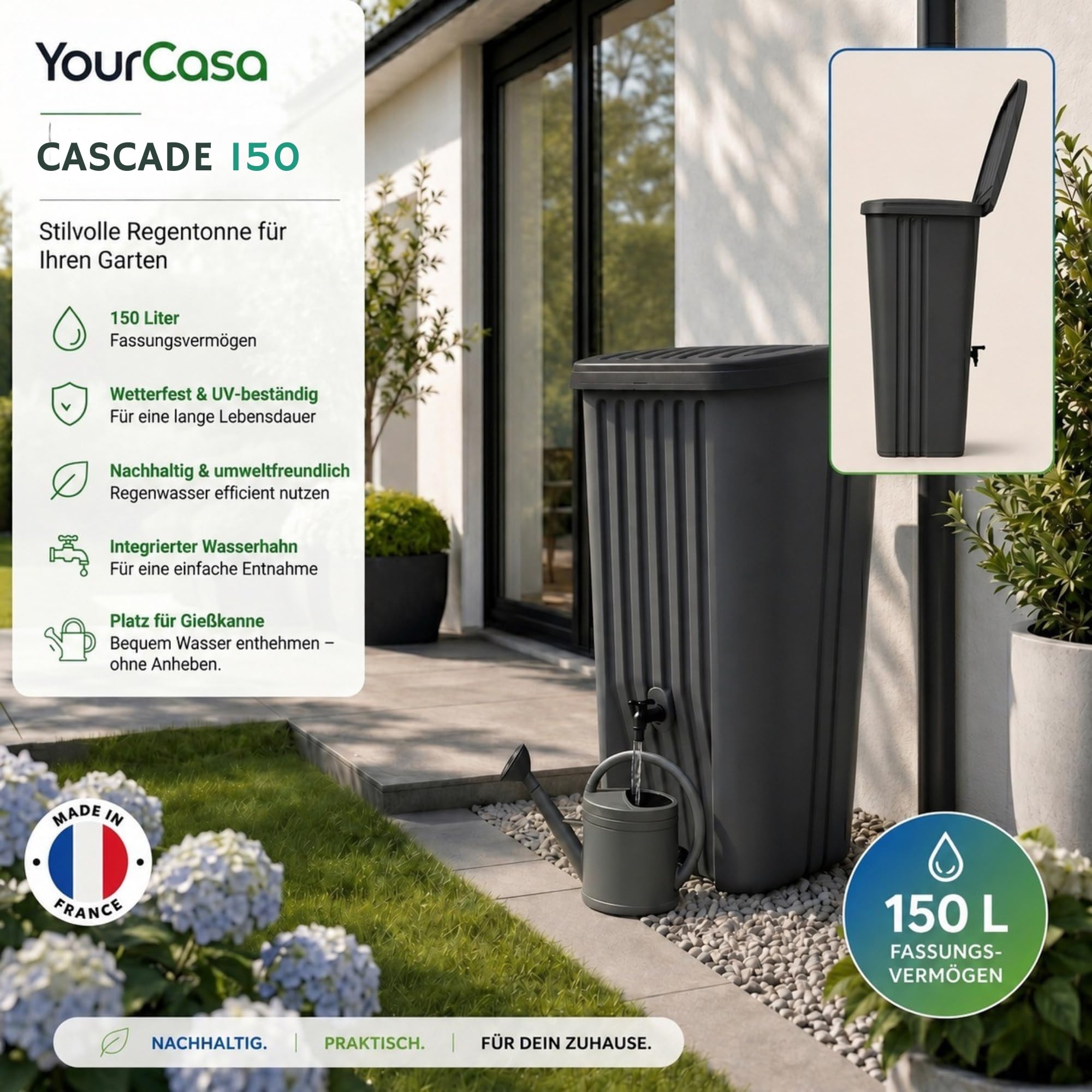 YourCasa Regentonne Cascade 150 Liter | Schmal & Platzsparend | Regenwassertonne mit integriertem Hahn | Anthrazit | Made in France