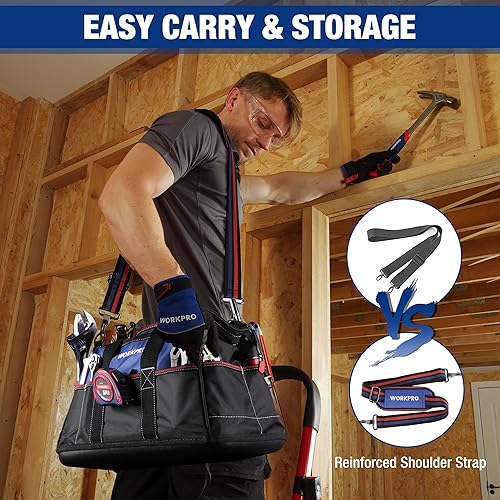 Vista 6 de WORKPRO 16-inch Wide Mouth Tool Bag, Heavy Duty Cloth Tool Storage Bag with Water Proof Molded Base, Adjustable Shoulder Strap Negro