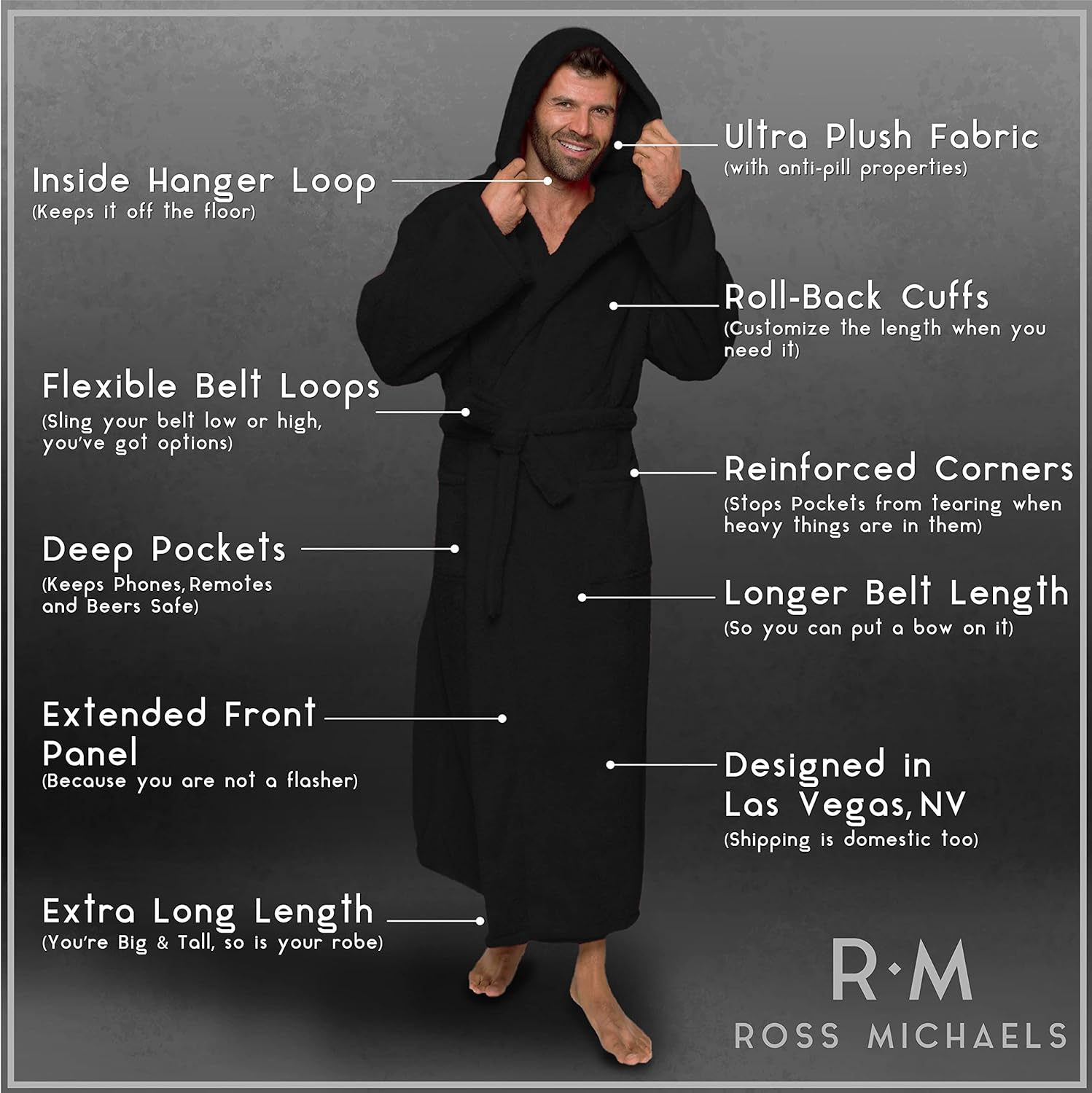 Ross Michaels Mens Luxury Robe Hooded Big and Tall - Long Plush Fleece Bath Robe with Hood and Pockets- Gift Men and Teens - Image 5