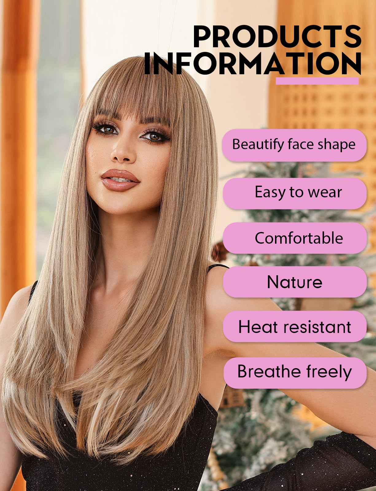 WOKESTAR Blonde Wigs for Women Layered Straight Long Wig with Fringe, Chocolate Blonde, 26 inch - Image 2