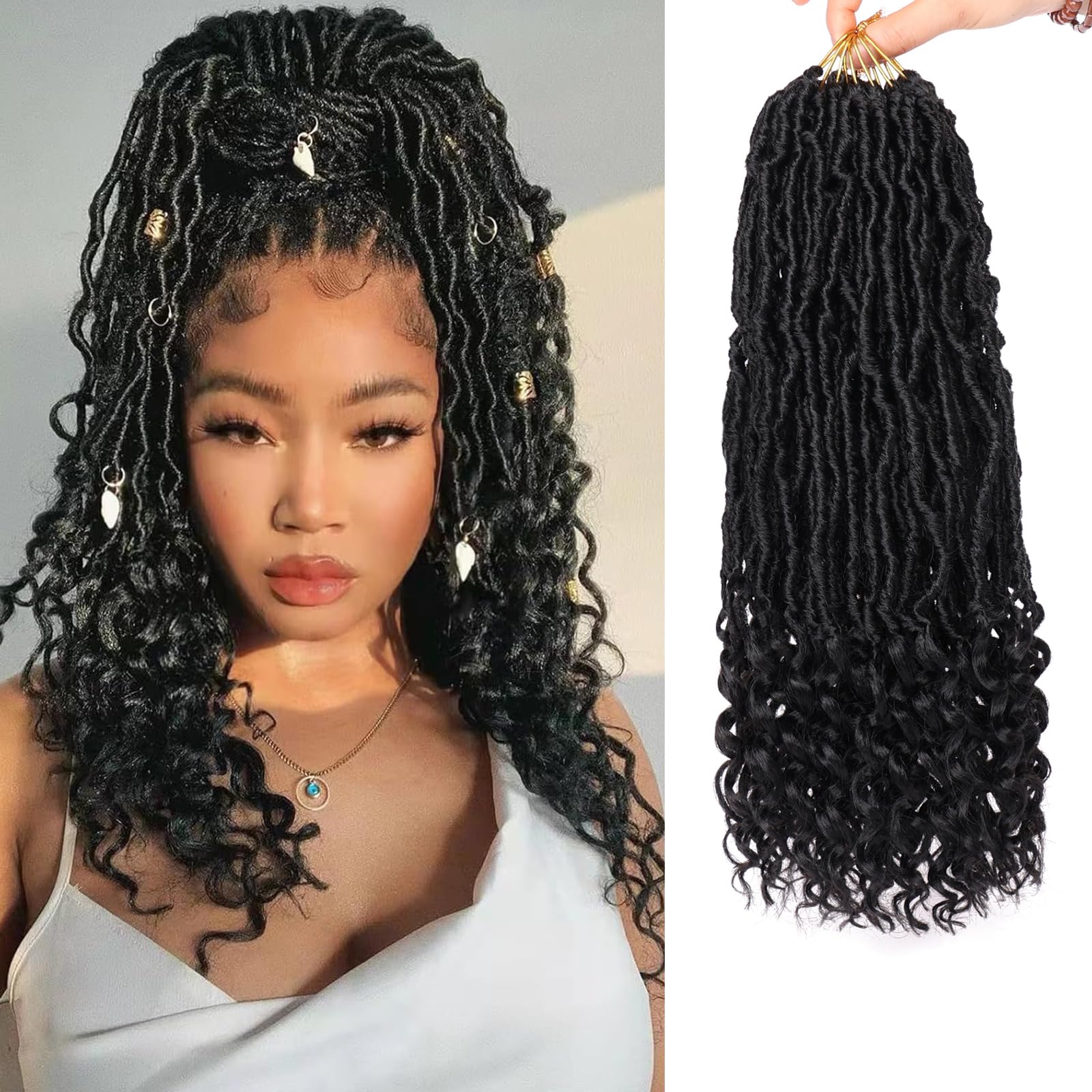 Samtress 14 Inch 7 packs Faux Locs Crochet Hair With Curly Ends Natural Wavy Nu Goddess Locs Synthetic Braiding Hair Extensions Natural Black (#1B)