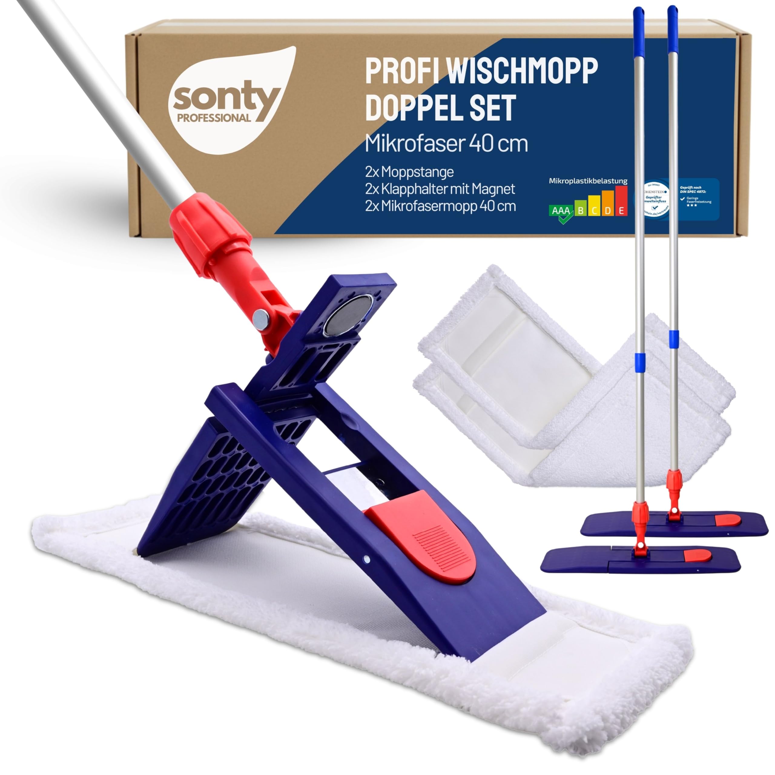 SONTY Profi Wischmopp 40 cm 2er Set – Bodenwischer mit Magnet Klapphalter, 40 cm Microfaser Wischbezug & verstellbarem Alu Moppstange | Wischmop für Gewerbe, Gastro, Haushalt & Hartböden