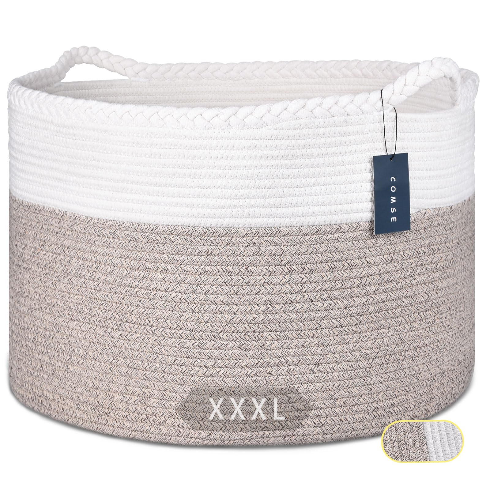 COMSE Extra Large Blanket Basket, Woven Laundry Basket, 55 x 35 CM, Nursery Hamper, Cotton Rope Laundry Hamper Living Room for Storage Toys Clothes Towels, White/Light Brown