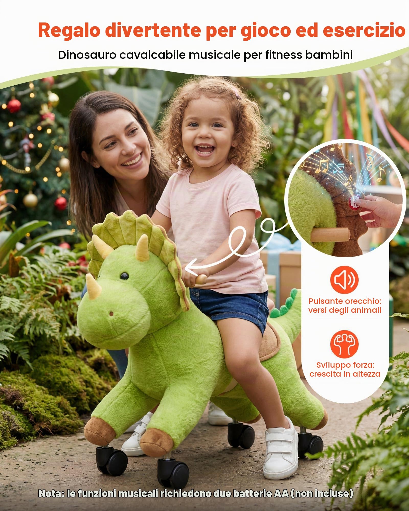 VEVOR Cavallo Cavalcabile per Bambini, Dinosauro Cavalcabile con Ruote Scorrevoli Flessibili a 360°, Ruggiti Realistici, Senza Batterie, Sedile Morbido, Portata Massima 40 kg, Per Bambini 3+ Anni