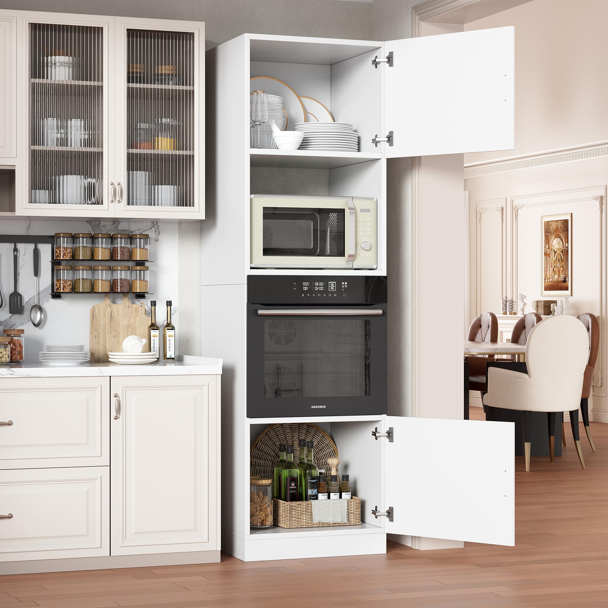 MSFE Armario de Cocina Alto para Microondas y Horno,Armario para Microondas con Mucho Espacio de Almacenamiento 60 * 57.2 * 207 cm,Muebles de Cocina de Madera,Blanco Mate,Enviado en 2 Paquetes