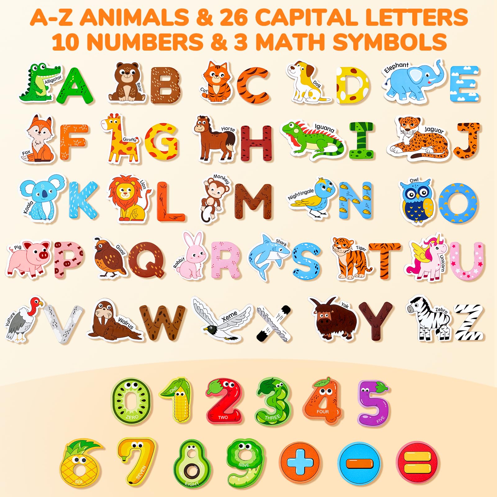 JoyCat Wooden Kids Magnets – 26 Cute Animals, Alphabet Uppercase Letters, and 0-9 Numbers, Fridge Magnets for Toddlers, Fun Educational Spelling Learning Gift for Toddlers & Kids