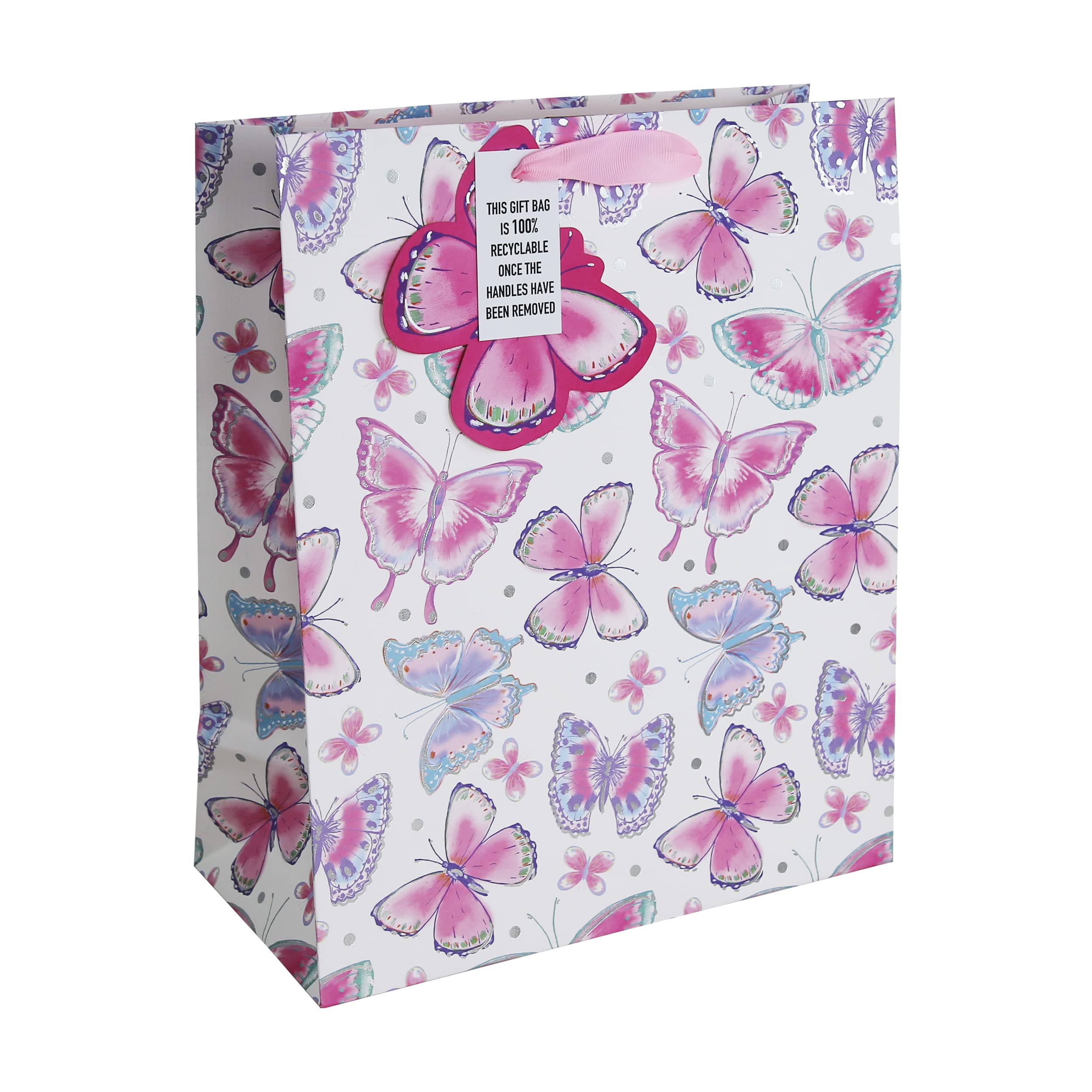 Eurowrap Multi Butterfly Gift Bag With Gift Tag Mothers Day Easter Summer Birthday Occasions 100% Recyclable Large
