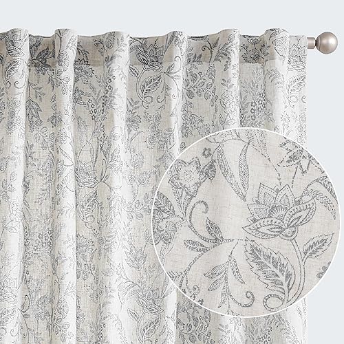 Vangao Grey Floral Linen Blend Curtains for Living Room 63 Inches Long Farmhouse Curtains for Bedroom Vintage Print on Beige Light Filtering Window Drapes Back Tab Rod Pocket 2 Panels