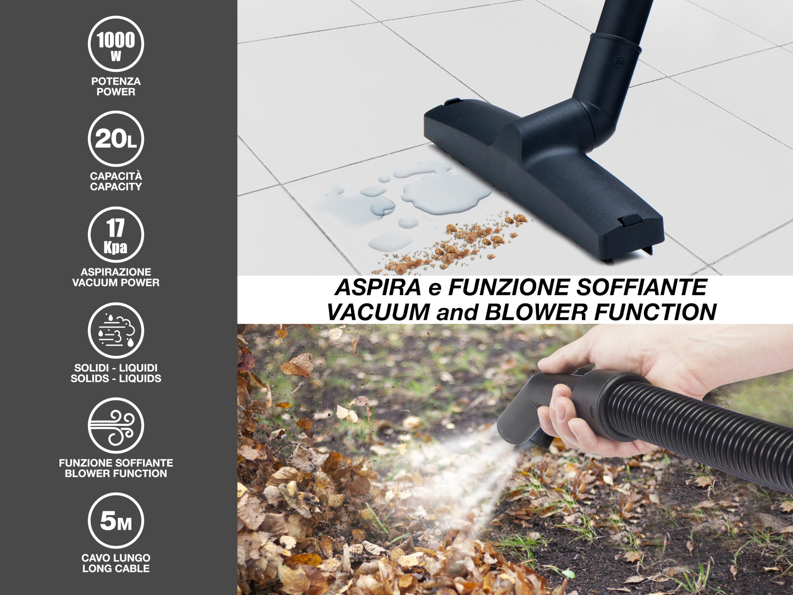 BEPER P202ASP300 Aspiratore solidi e liquidi 1000W, Serbatoio 20L, Bidone aspiratutto, Funzione Soffiatore, 4 ruote, cavo 5 metri, Acciaio