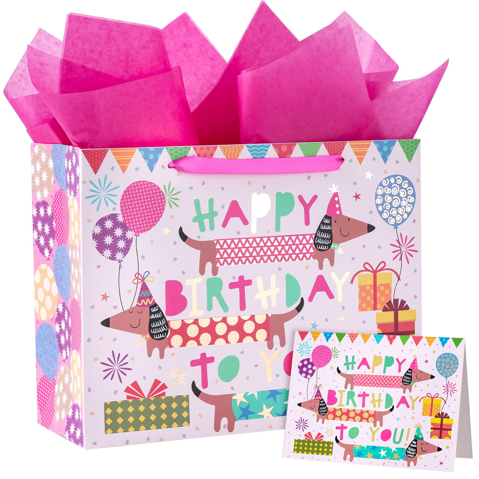 Loveinside 13" Large Birthday Gift Bag with Card and Tissue Paper - Gold Foil Dachshund Dogs and Happy Birthday to You Lettering for Girl Boy Kids, Baby Shower