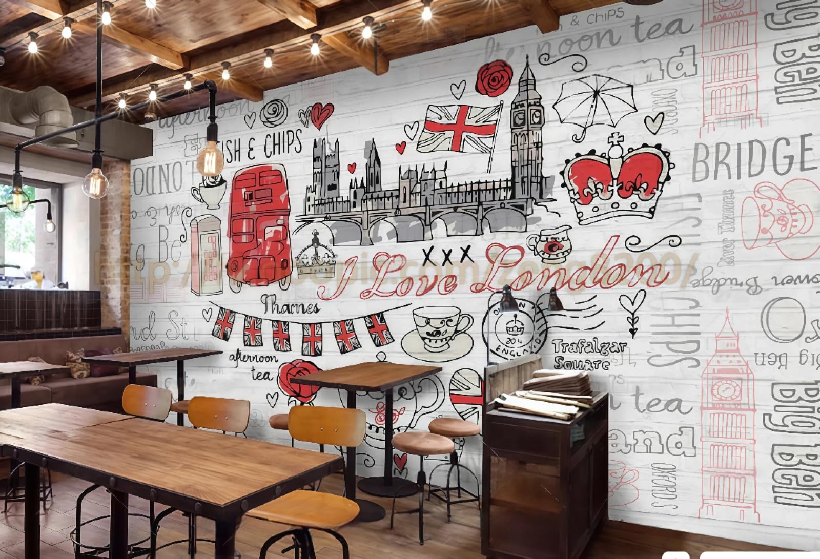 Rskjdghshd 3D Wallpaper Retro Modern Graffiti Letters White Wall Drink Dessert Shop Theme Western Restaurant Background Wall Mural Afternoon Tea Coffee Shop Wallpaper,,400X280cm