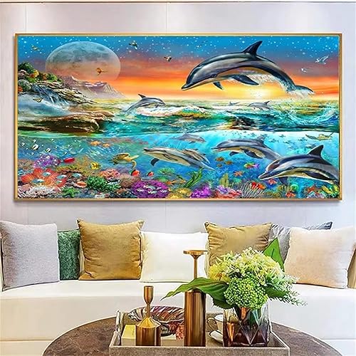 Wenpeef Arte de diamantes marinos de delfines para adultosniños, 15.7 x 31.5 in, kits de pintura de diamantes grandes 5D DIY taladro completo
