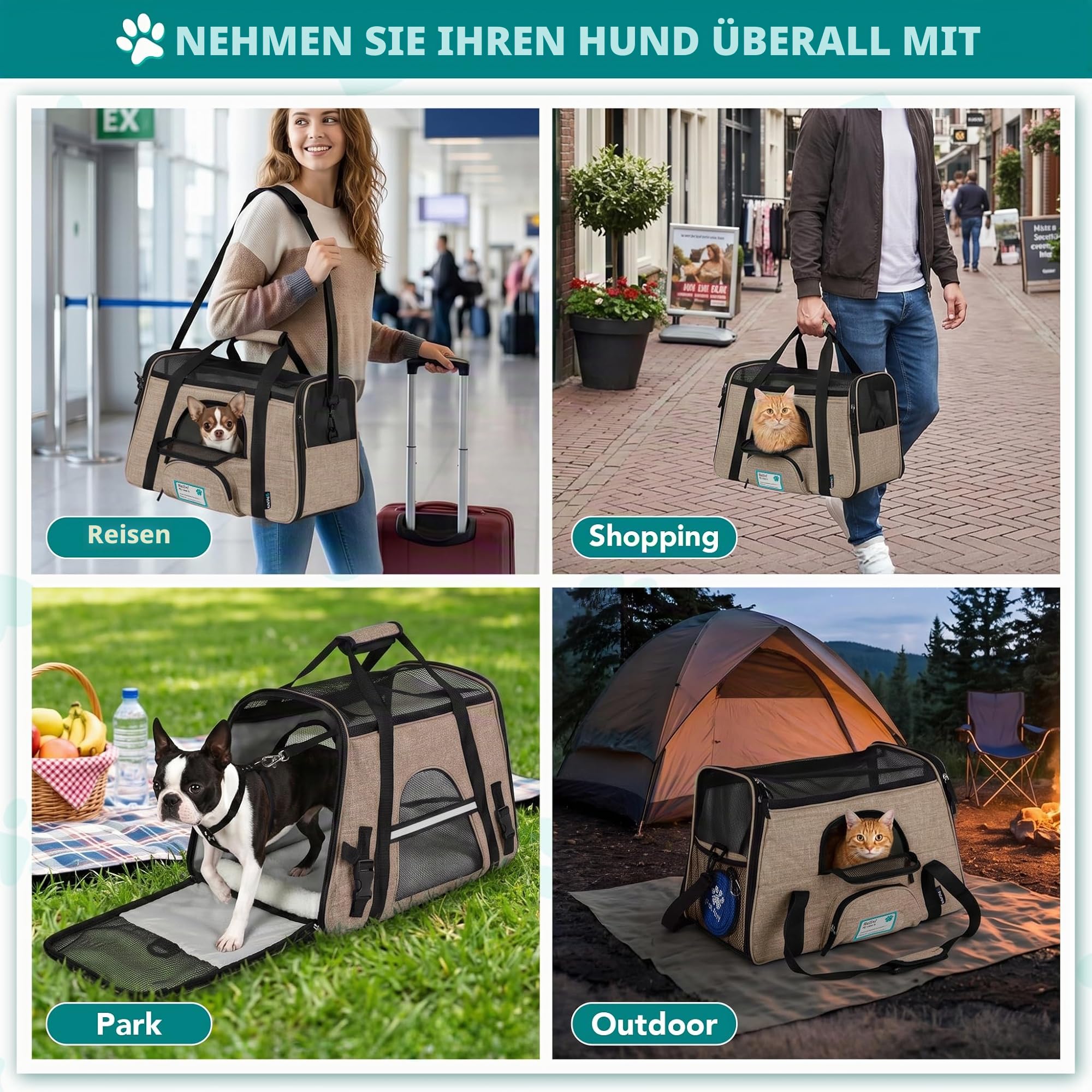 PetAmi Premium Fluggesellschaften zugelassene weiche HaustierReisetasche | belüftetes, Komfortables Design mit Sicherheitsfunktionen | ideal für kleine bis mittelgroße Katzen, Hunde und Haustiere