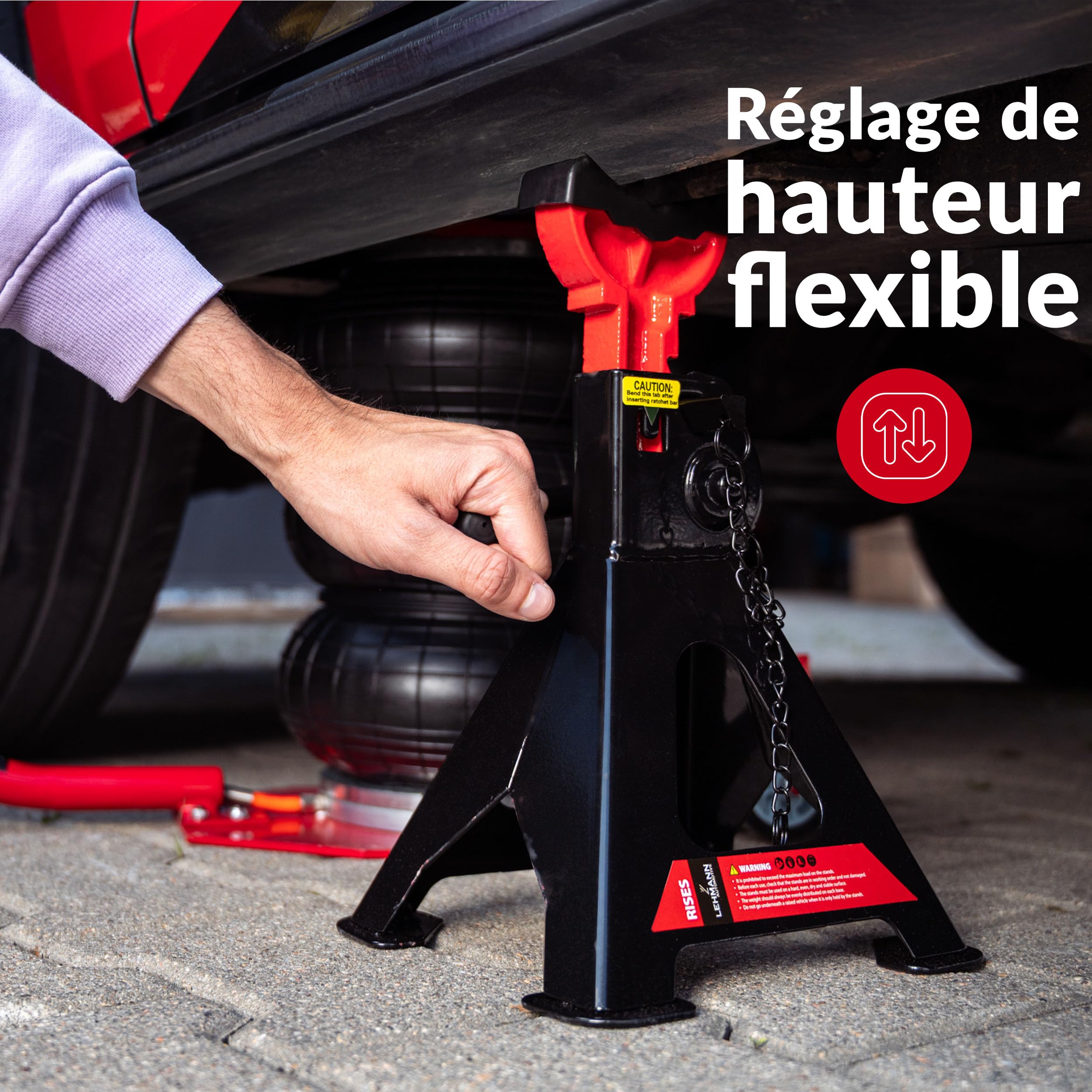 Lehmann 2 x Chandelles Voiture 3T - Hauteur Réglable de 300 à 430 mm - avec Patin en Caoutchouc - Double Système de Sécurité - pour Voitures, SUV et Camionnettes jusqu'à 3000 kg - Stables