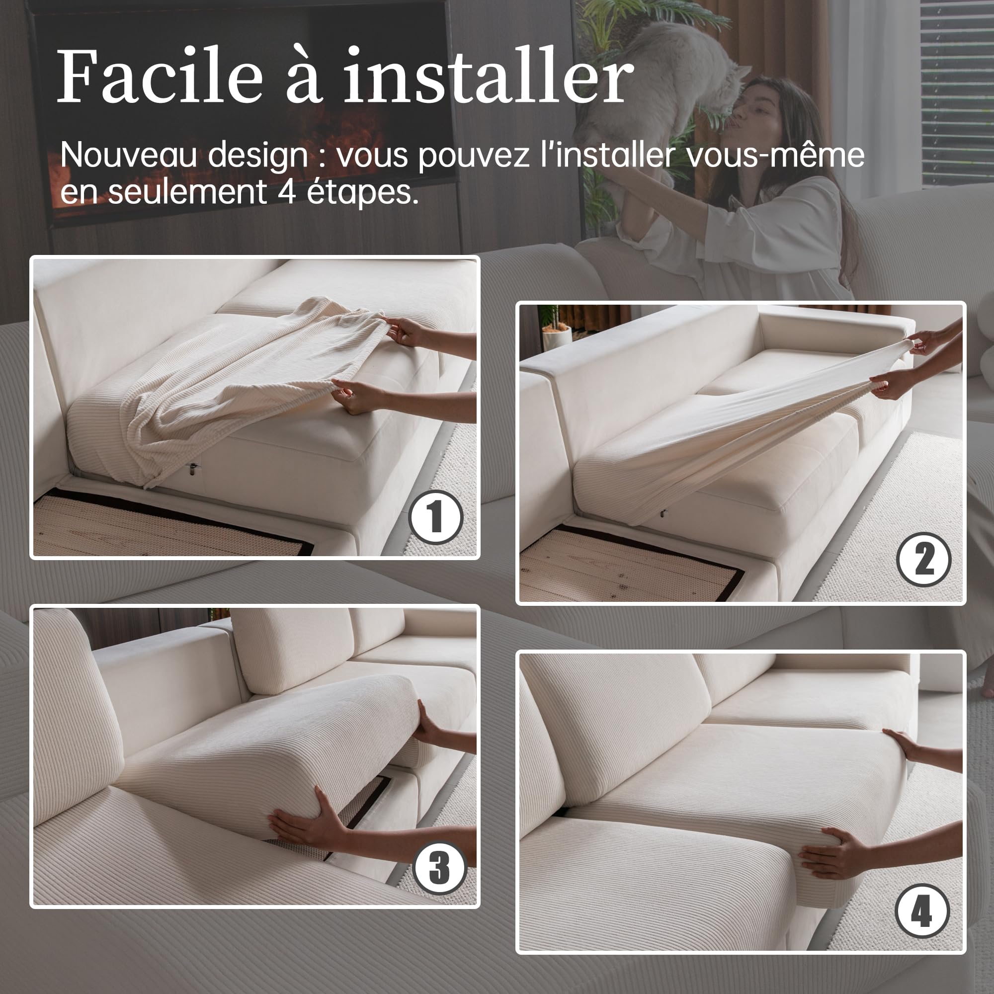 OHSIO Housse de Coussin de canapé Extensible, antidérapante, Lavable, Universelle, résistante et Facile d'entretien(Ivoire,1 Housse d’Assise Taille XL)