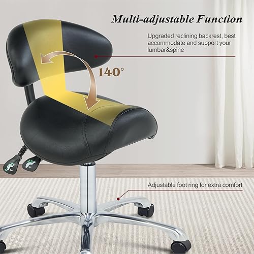 Miniatura 3 de Silla de montar con ruedas con soporte de espalda, silla ergonómica ajustable en altura con ruedas para higienista dental, salón, esteticista..
