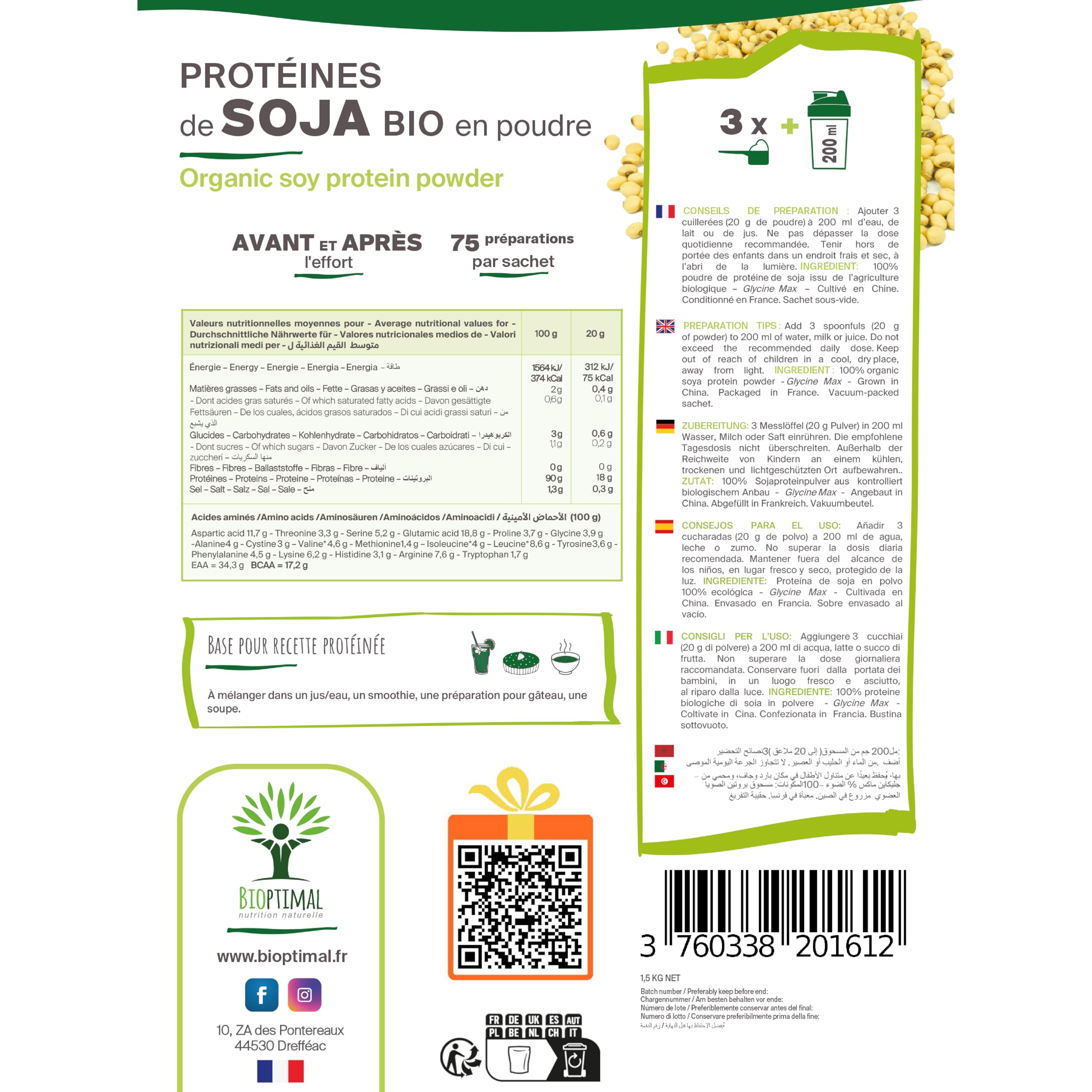 Protéine de Soja Bio - Bioptimal - 92% Protéines 17% BCAA - Haute Digestibilité - Energie Musculation - Poudre de Fève de Soja Biologique - 100% Pur - Conditionné en France - Certifié Ecocert - 1,5 kg