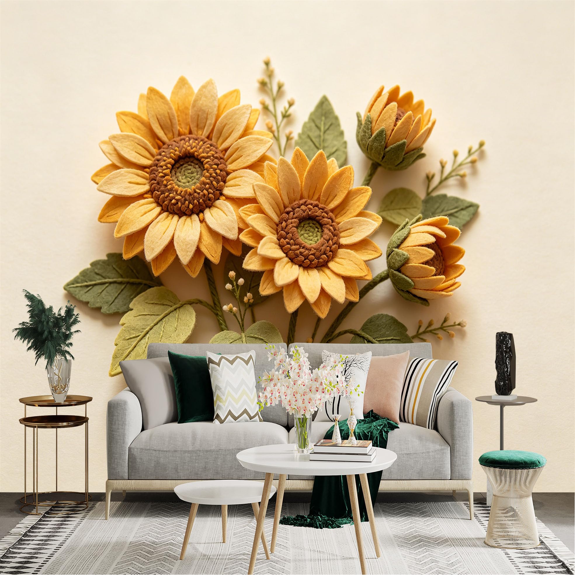 Lnzczhyre Dbh260521658 Custom Size Wall Sticker Mural， Yellow Sunflowers Bouquet， Fabric Texture Floral Art， Botanical Home Decor， For Wall Decoration， Peelandstick Wall Decals.