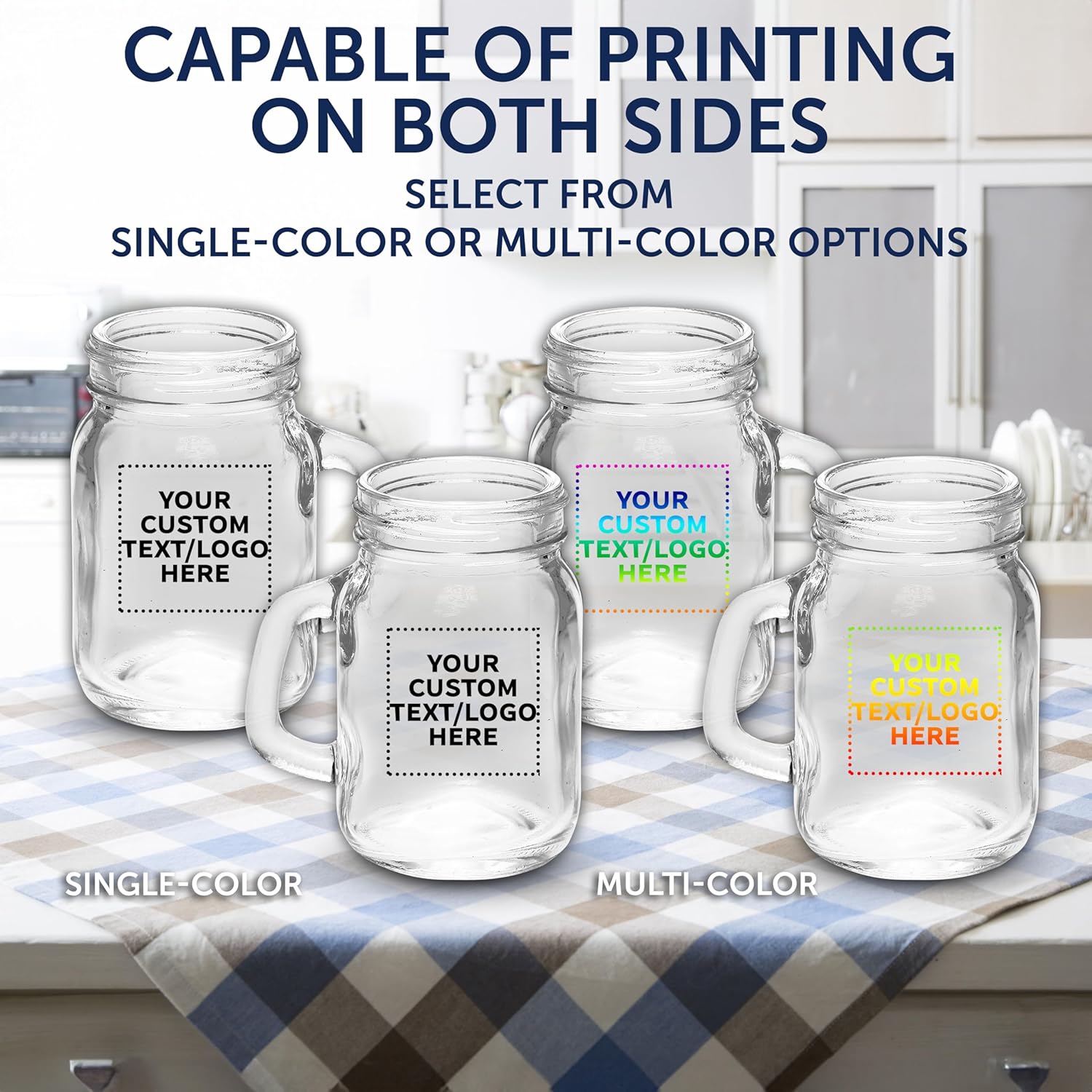 Custom Mason Jar with Handle Set 4.5 oz. Set of 10, Personalized Bulk Pack - Sampler Glasses, Glass Jars for Overnight Oats, Candies, Fruits, Pickles, Spices, Beverages - Clear