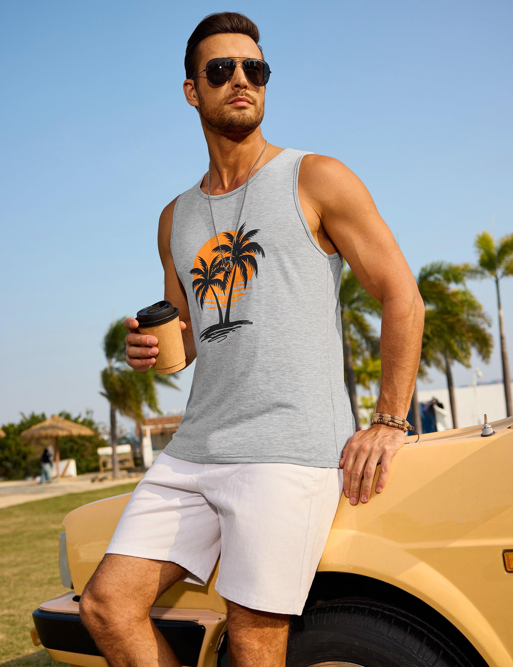 Terecey Débardeur Homme Coton Été Tee Shirt sans Manche à Imprimé Palmier de Plage Hawaïenne Tank Top Homme Respirant Debardeur Gilet Gym Décontracté