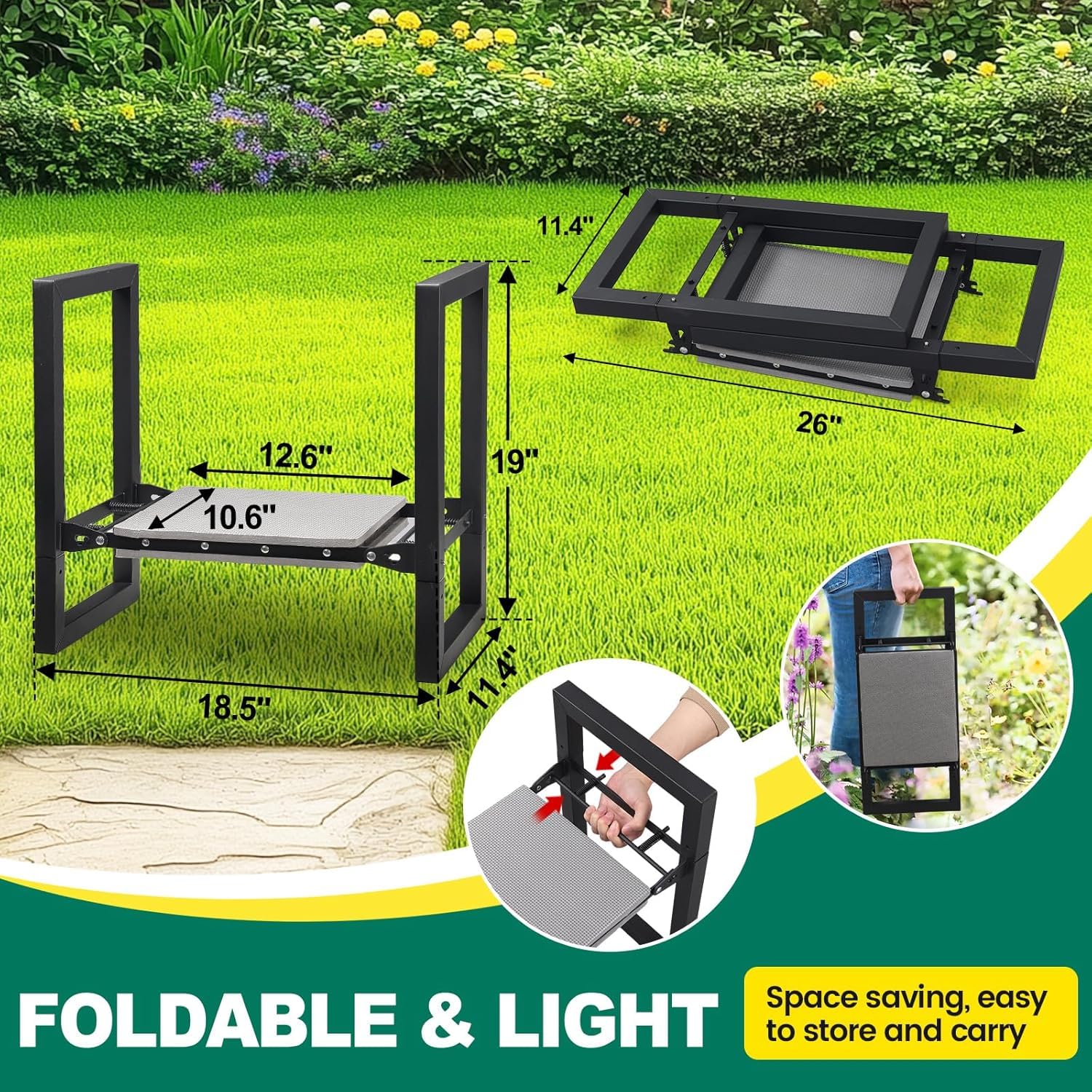 Tabouret de Jardin Pliable, 32cm Pliable Banc Agenouilloir avec Poignées, Appareil Robuste pour Genoux, Capacité de 180 kg, Banc Multifonction de Jardin pour Seniors, Femmes, Hommes/Noir