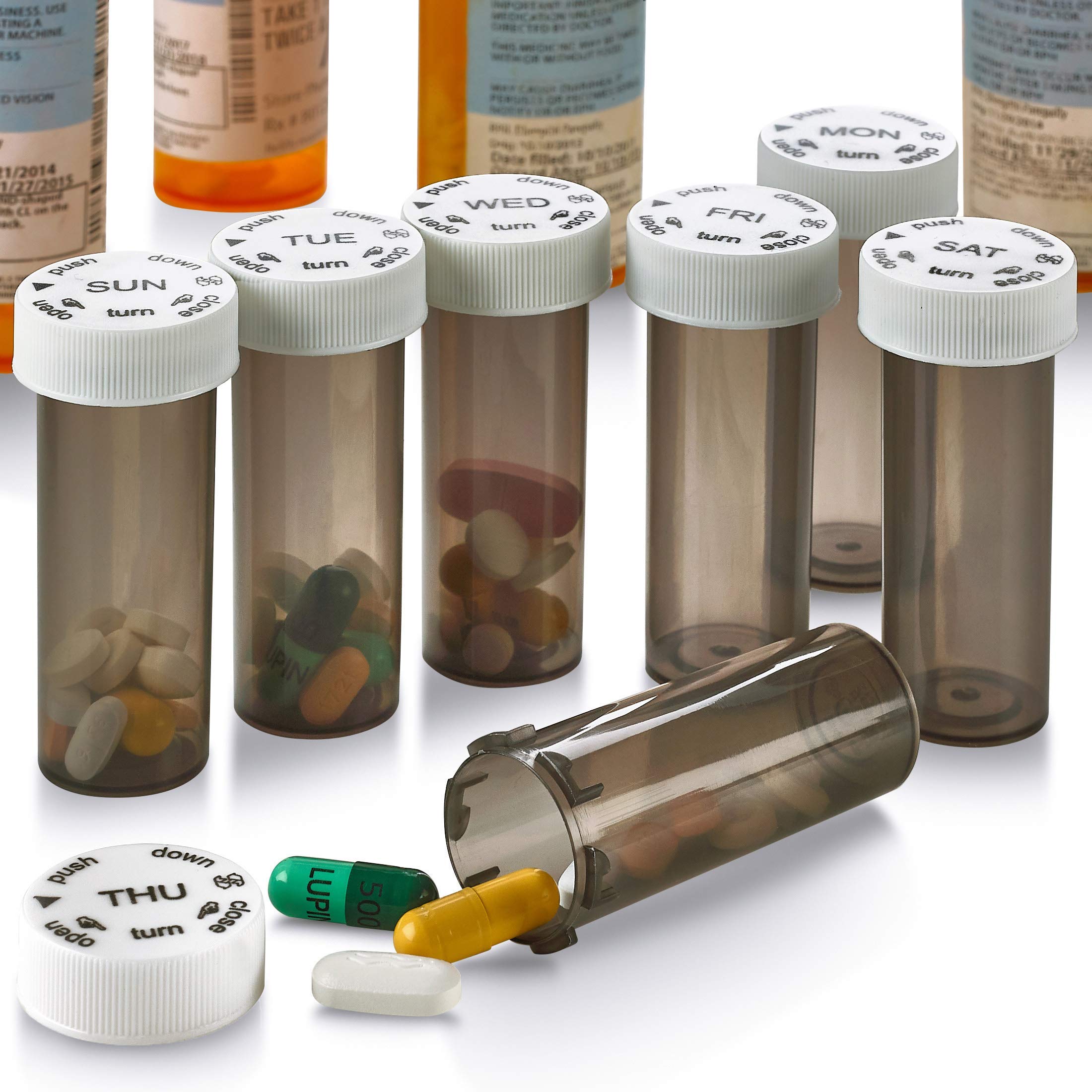 Pastillero y organizador de frascos de píldoras - Bolsa de transporte para frascos de píldoras semanales y diarias con 3 frascos diarios adicionales